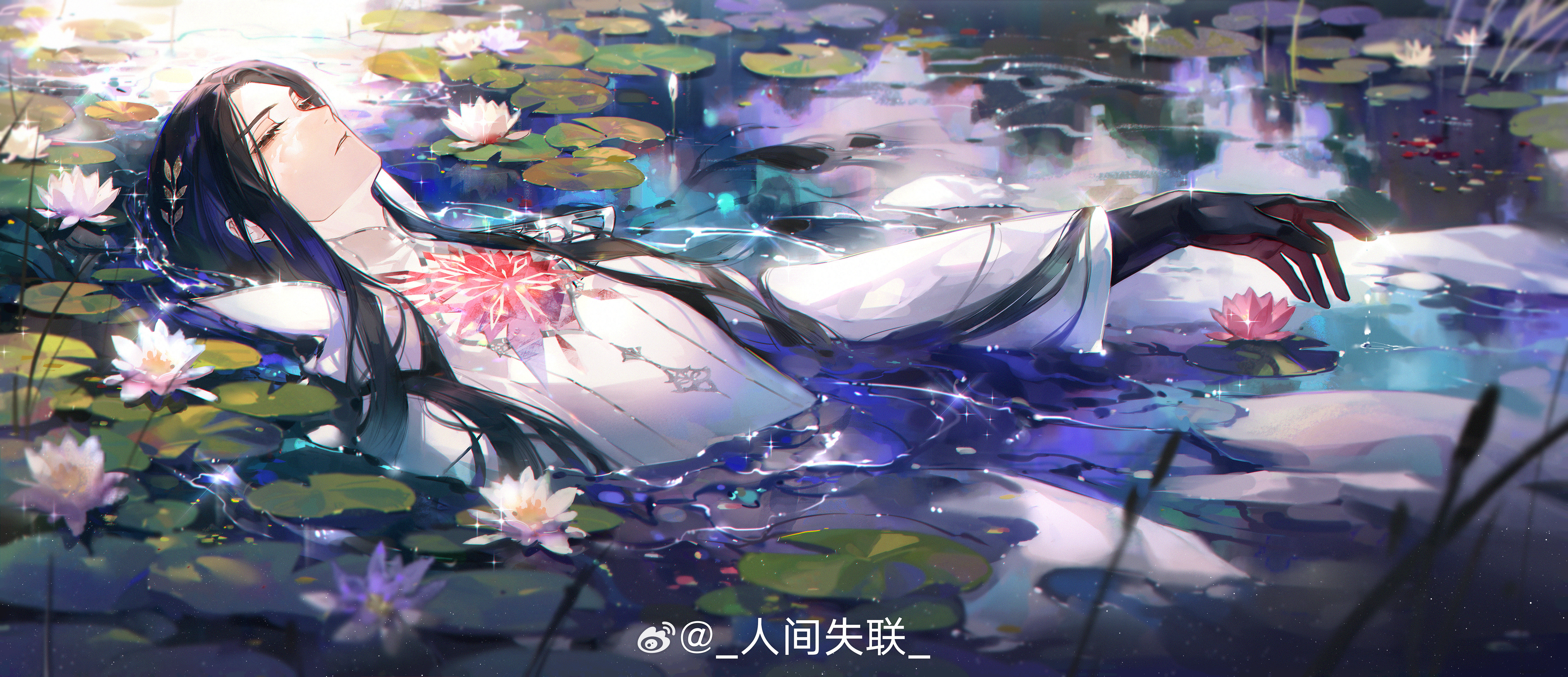 Anime 5256x2268 Project Soul water lilies Snow (Project Soul) water looking up expressionless men outdoors sidelocks long hair hair ornament black hair white robe long sleeves flowers Renjian Shilian gloves black eyes elbow gloves white flowers parted lips in water watermarked