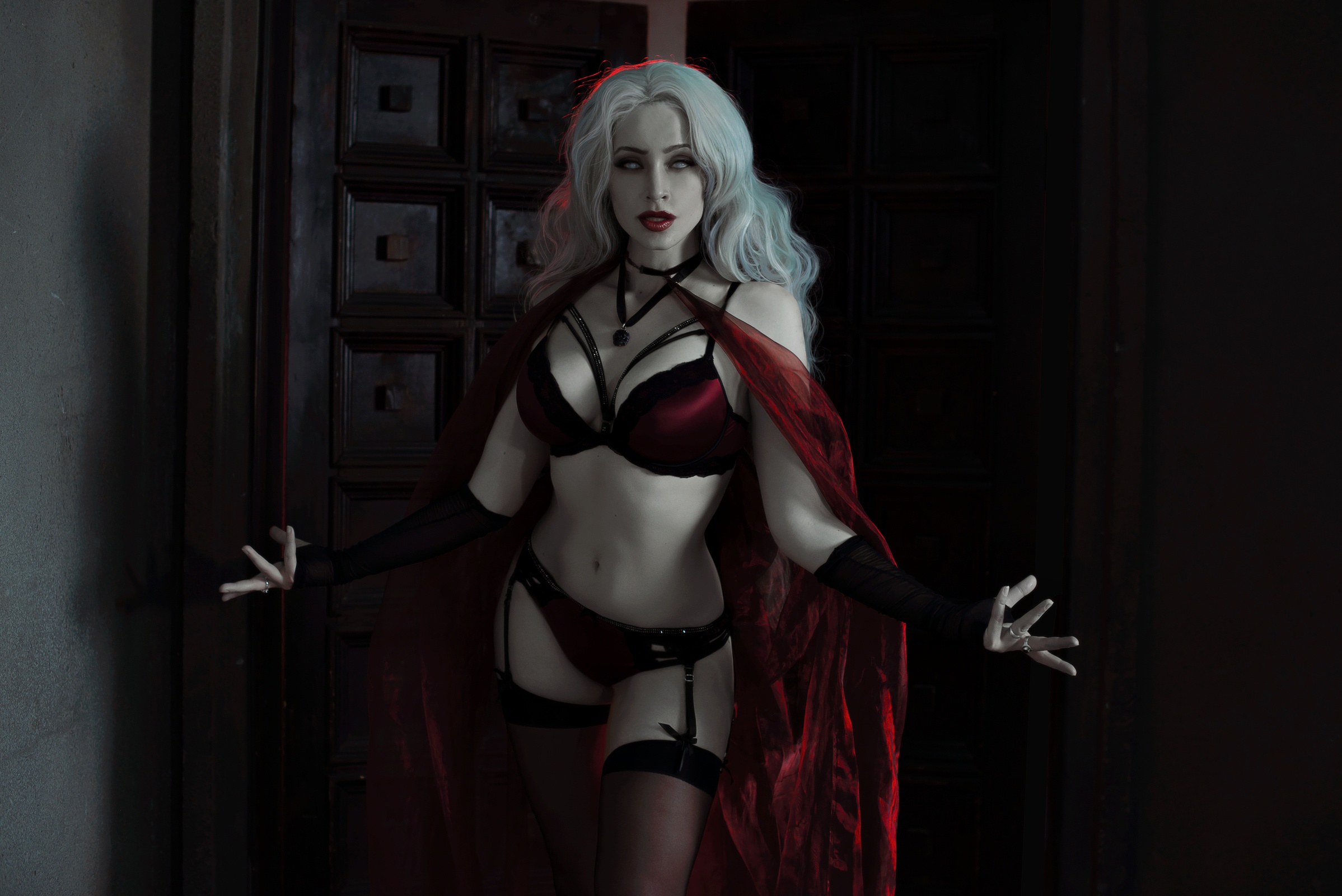 People 2397x1600 cosplay Lady Death Nataliya Blinkova women model white hair red lipstick pale red lingerie cleavage cape garter straps stockings women indoors