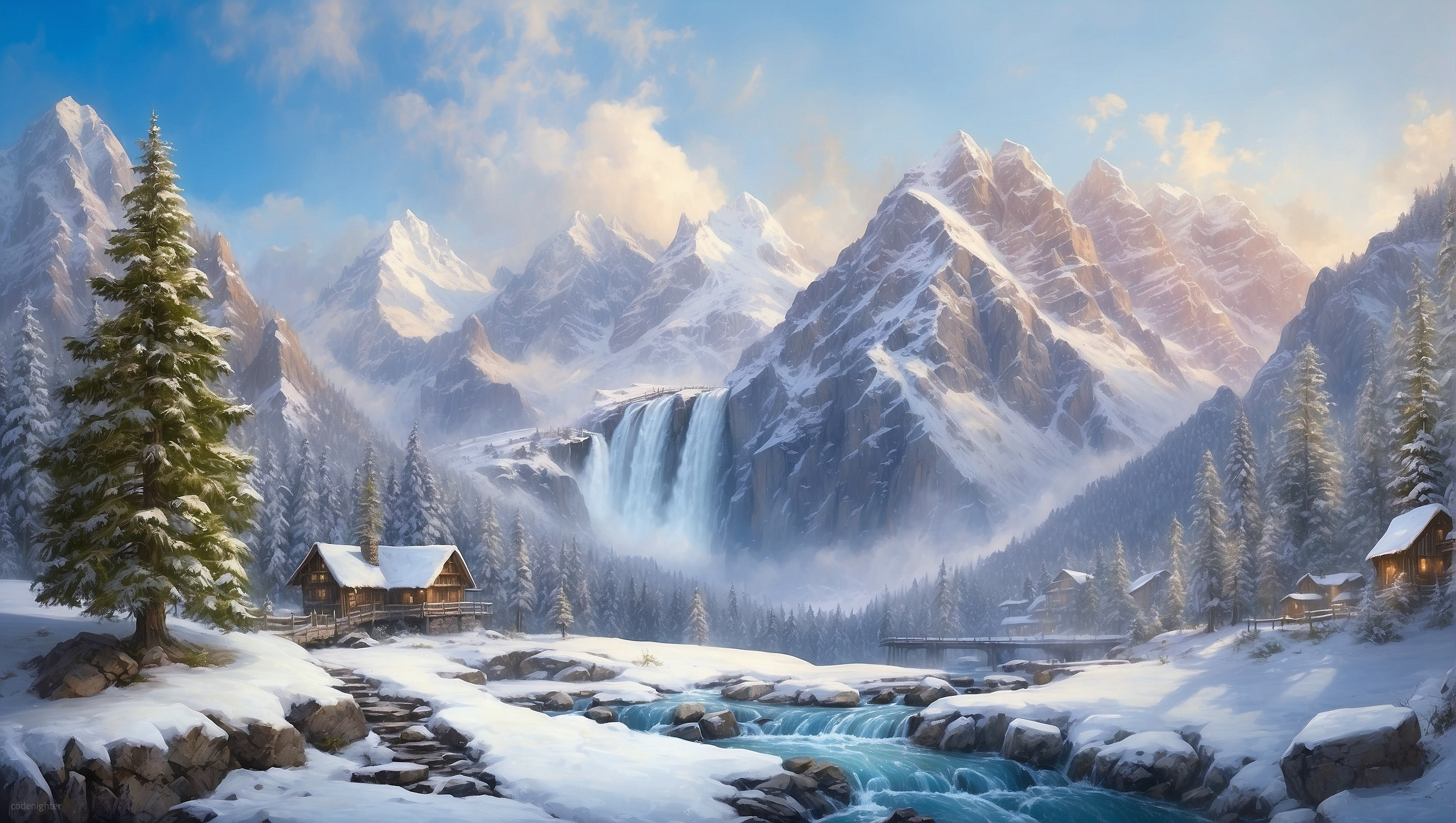 General 4526x2560 AI art digital art digital painting landscape winter mountains forest trees sky clouds snow covered sunlight snowy mountain outdoors log cabin water river rocks waterfall snow