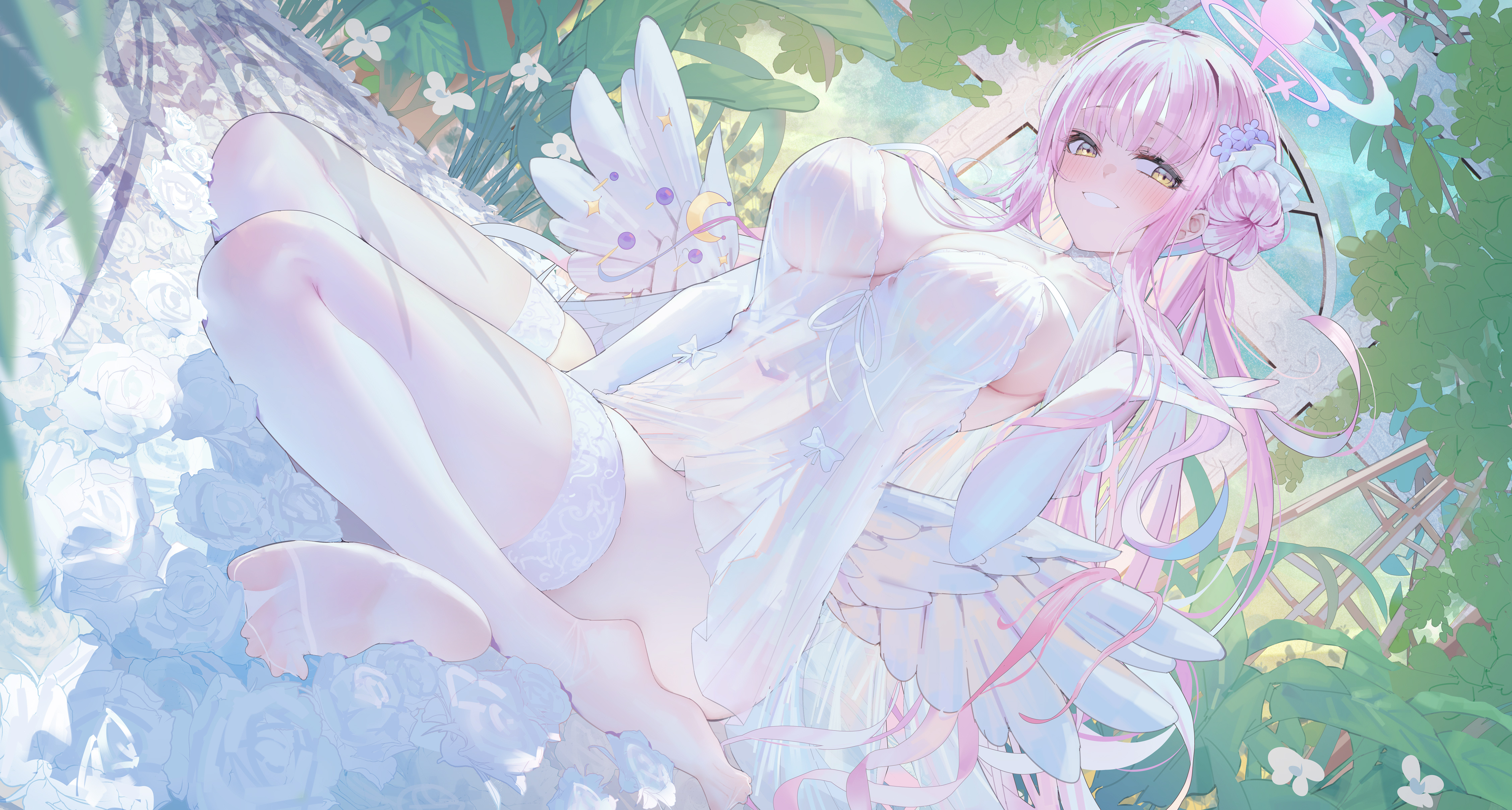Anime 4512x2419 Misono Mika Blue Archive anime anime girls shaguoyutou23 stockings white stockings leaves looking at viewer wariza angel wings huge breasts parted lips long hair hairbun flower in hair pink eyes elbow gloves yellow eyes white gloves gloves ornamented white clothing white touching hair smiling choker collarbone