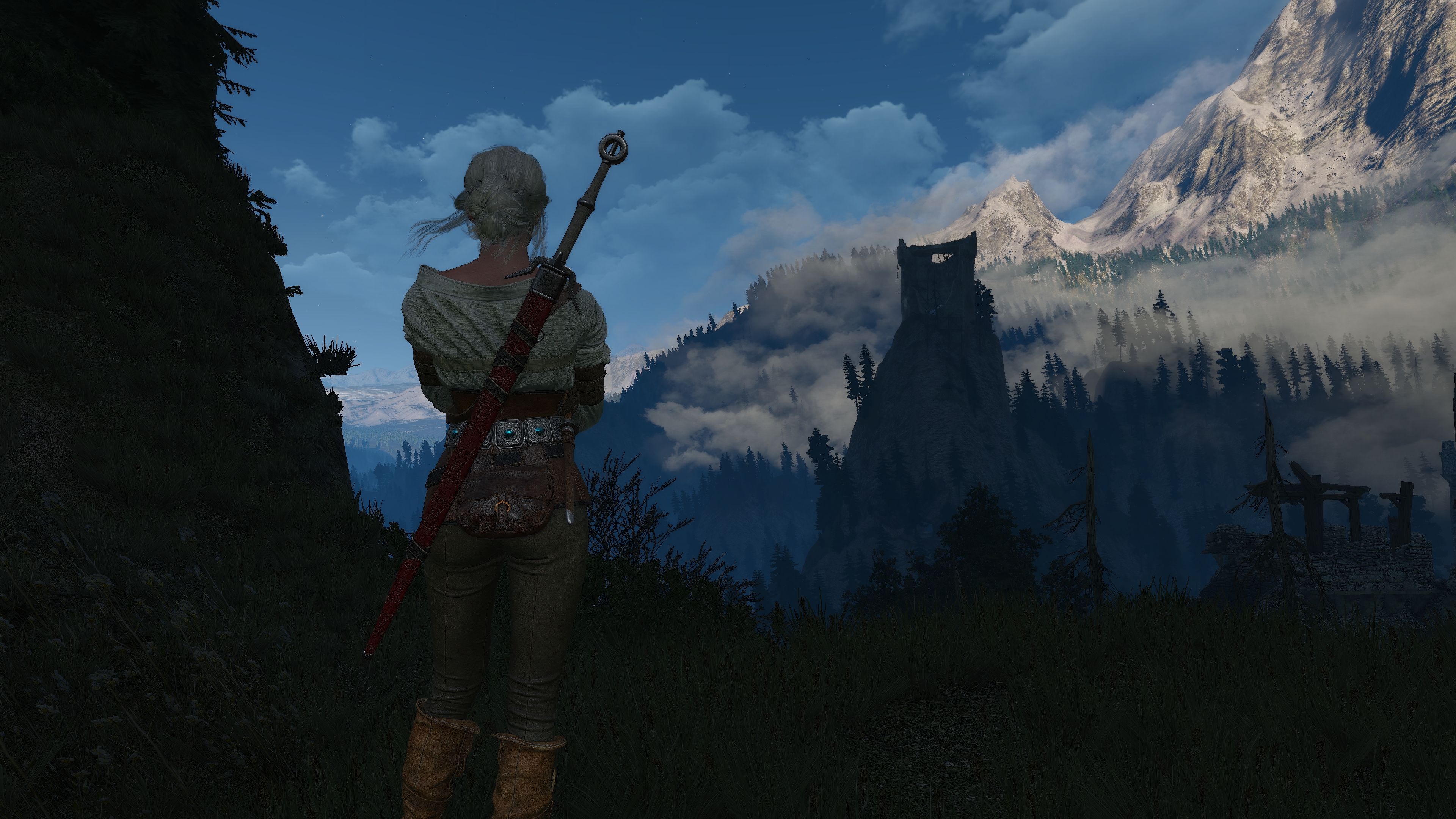 General 3840x2160 The Witcher 3: Wild Hunt screen shot PC gaming Cirilla Fiona Elen Riannon Kaer Morhen The Witcher video game characters CGI video game art standing video game girls short hair gray hair hairbun sky clouds trees sword women with swords looking into the distance mist