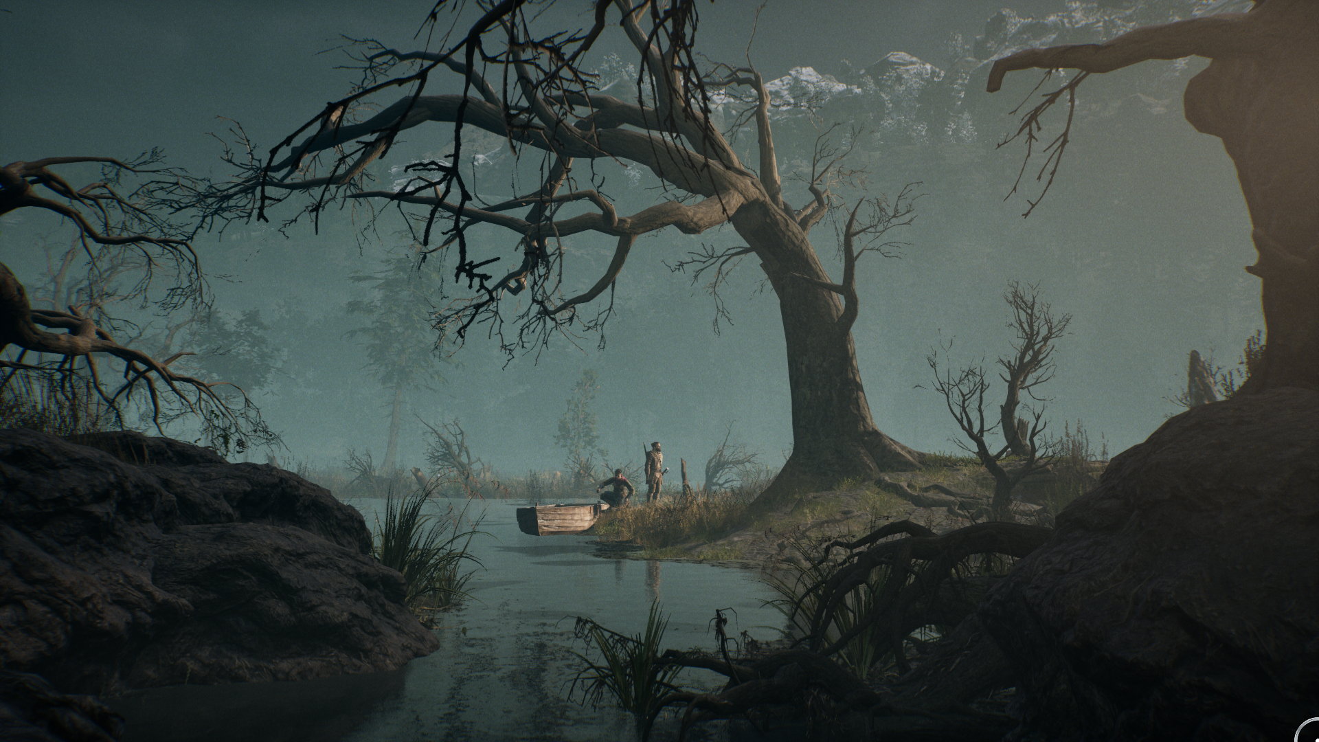 General 1920x1080 Banishers Ghost of New Eden video games ghost dead trees river gaming series water video game art screen shot natural light boat CGI video game characters reflection
