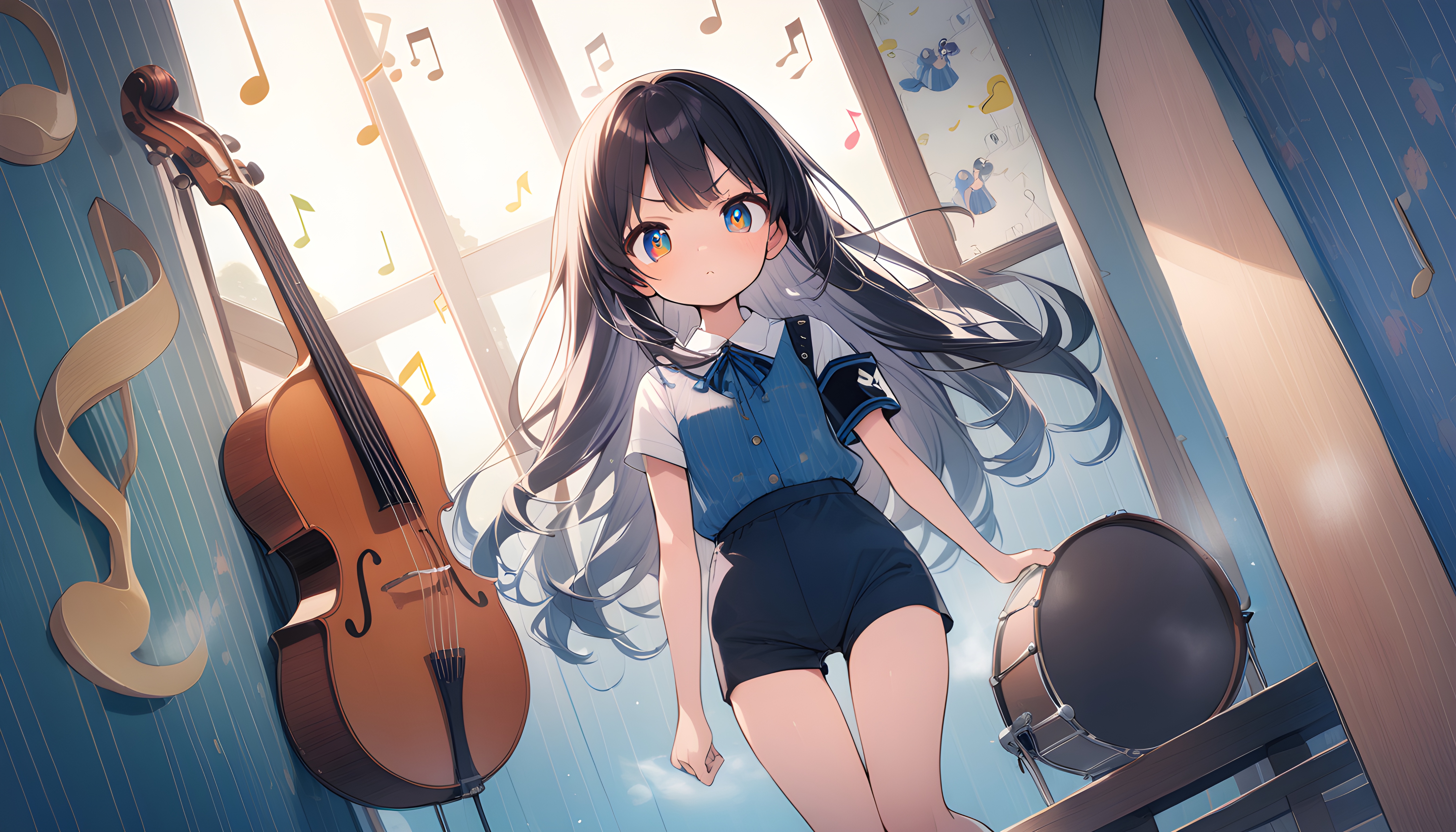 Anime 5376x3072 anime girls AI art music loli violin closed mouth long hair musical instrument frown backlighting black hair short sleeves standing musical notes drums looking at viewer shorts