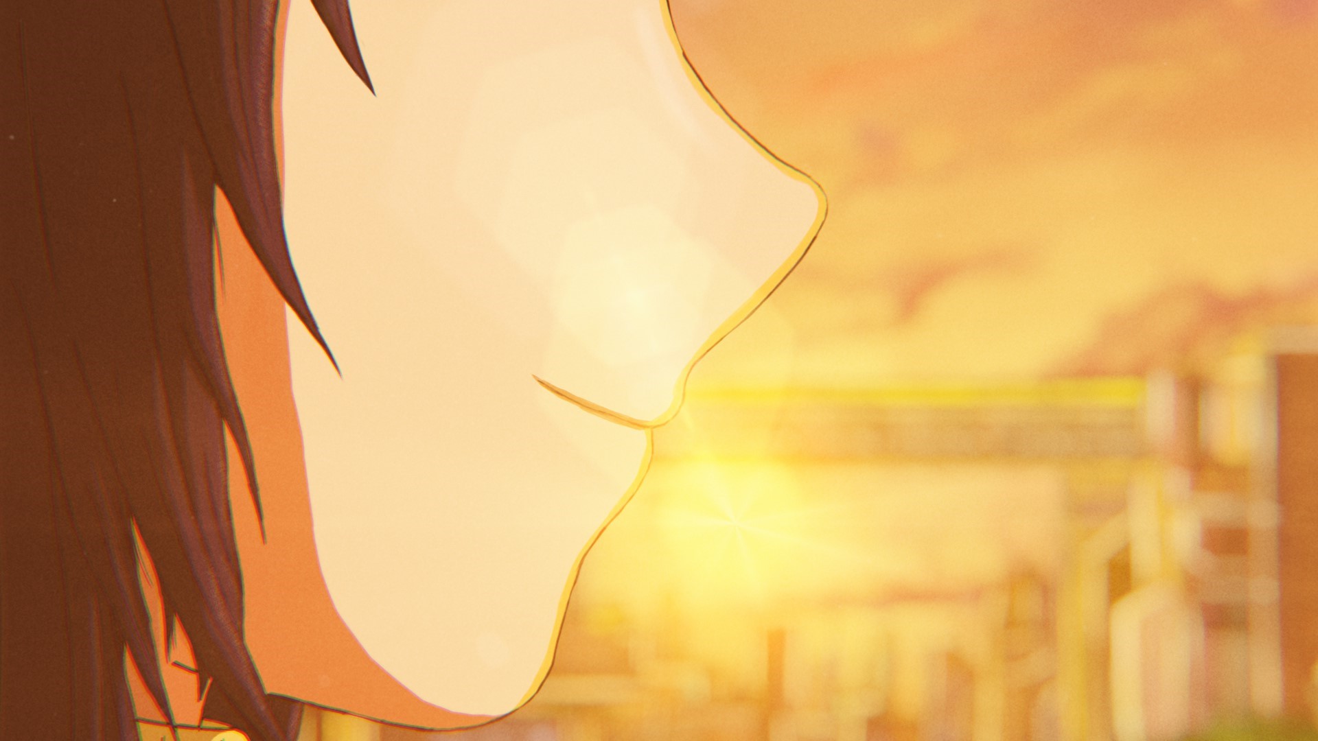 Anime 1920x1080 digital art glowing sunset anime anime girls smiling yellow sunset glow street outdoors closed mouth long hair blurred blurry background depth of field closeup