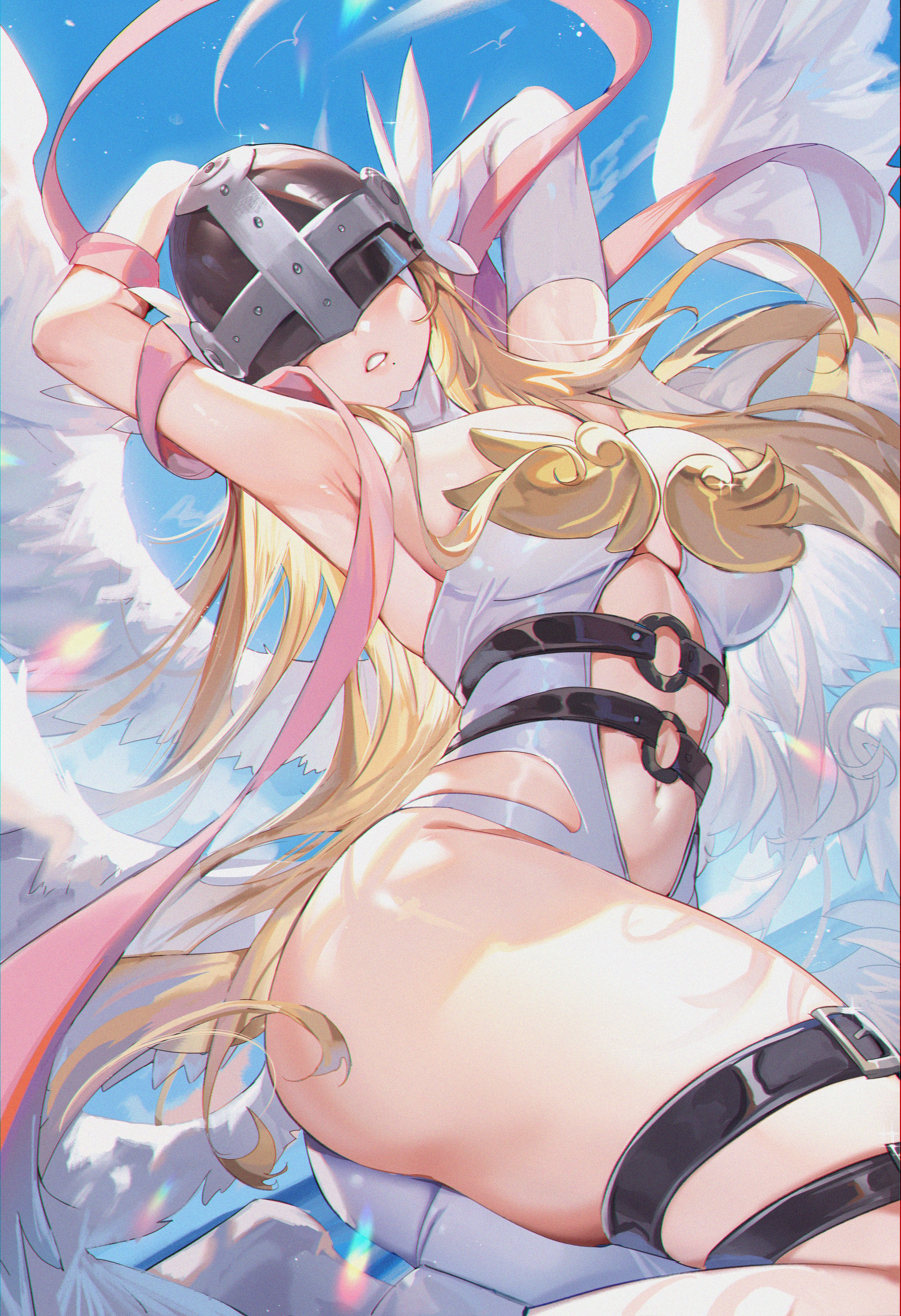 Anime 2595x3792 Digimon angewomon portrait display bodysuit big boobs angel wings arms up pink ribbon white leotard armpits Gejigejier elbow gloves white gloves thigh strap missing glove parted lips mole under mouth thighs blonde ass moles belt sky long hair thick thigh white clothing asymmetrical sunlight curvy gloves wings