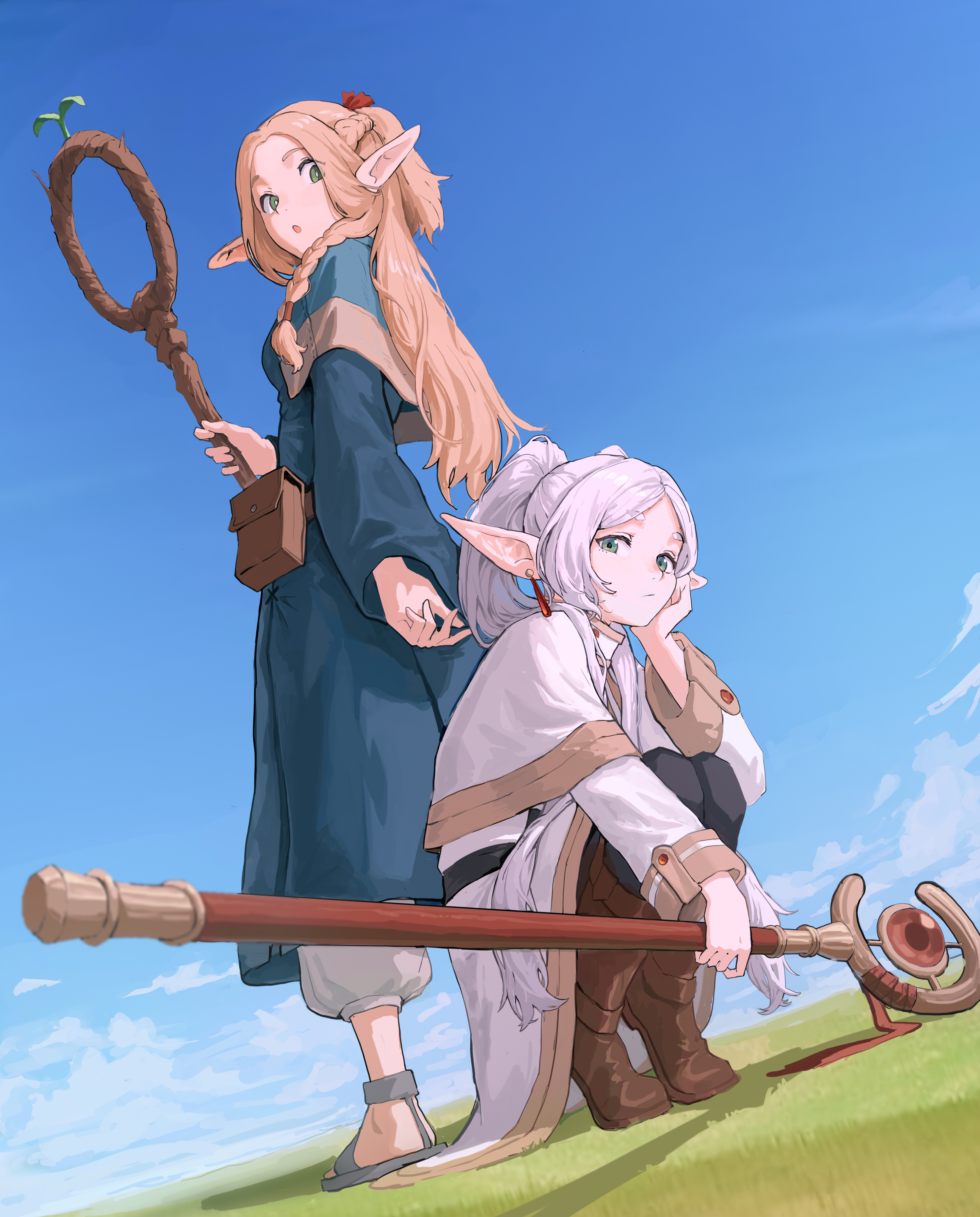 Anime 3626x4503 Delicious in Dungeon elves Sousou No Frieren staff Marcille Donato Frieren anime girls back to back pointy ears blue dress portrait display clouds clear sky looking at viewer long hair women outdoors two women long sleeves Cho Gum looking back robes grass sky squatting capelet crossover tiptoe sidelocks braids