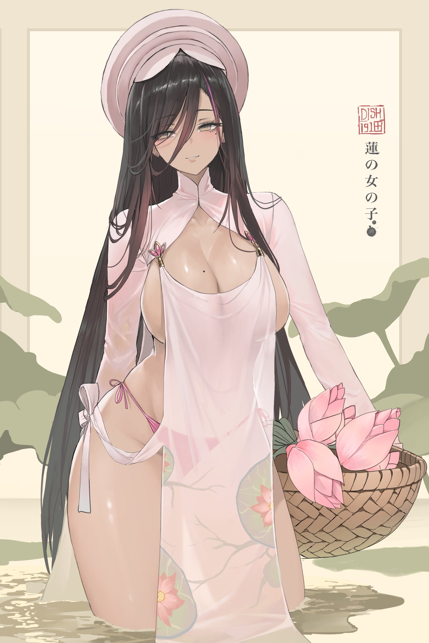 Anime 1368x2048 portrait display anime girls huge breasts two color hair Dishwasher1910 standing standing in water water hair in face blushing moles mole under eye mole on breast cleavage long hair Japanese side tie bikini bottom anime yellow eyes flowers earring parted lips smiling pink flowers swimwear pink bikini straight hair
