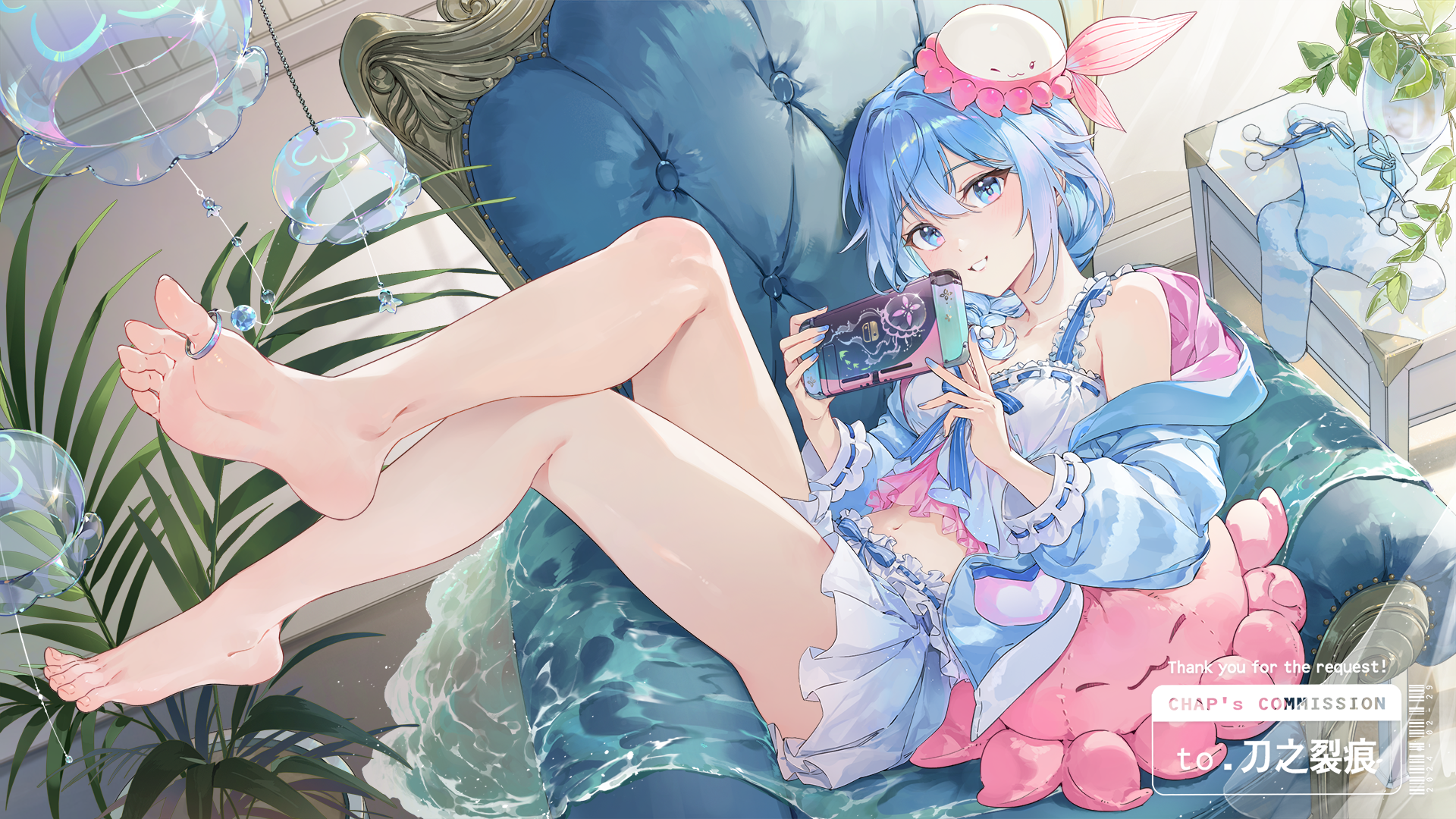 Anime 1920x1080 Synthesizer v blue eyes foot sole looking at viewer high angle legs crossed blue hair watermarked bare midriff camisole hair ornament chair legs up blue jacket open clothes water women indoors feet plants bare shoulders consoles Chap Sal ! blue nails crop top haiyi toe rings sitting thighs bright