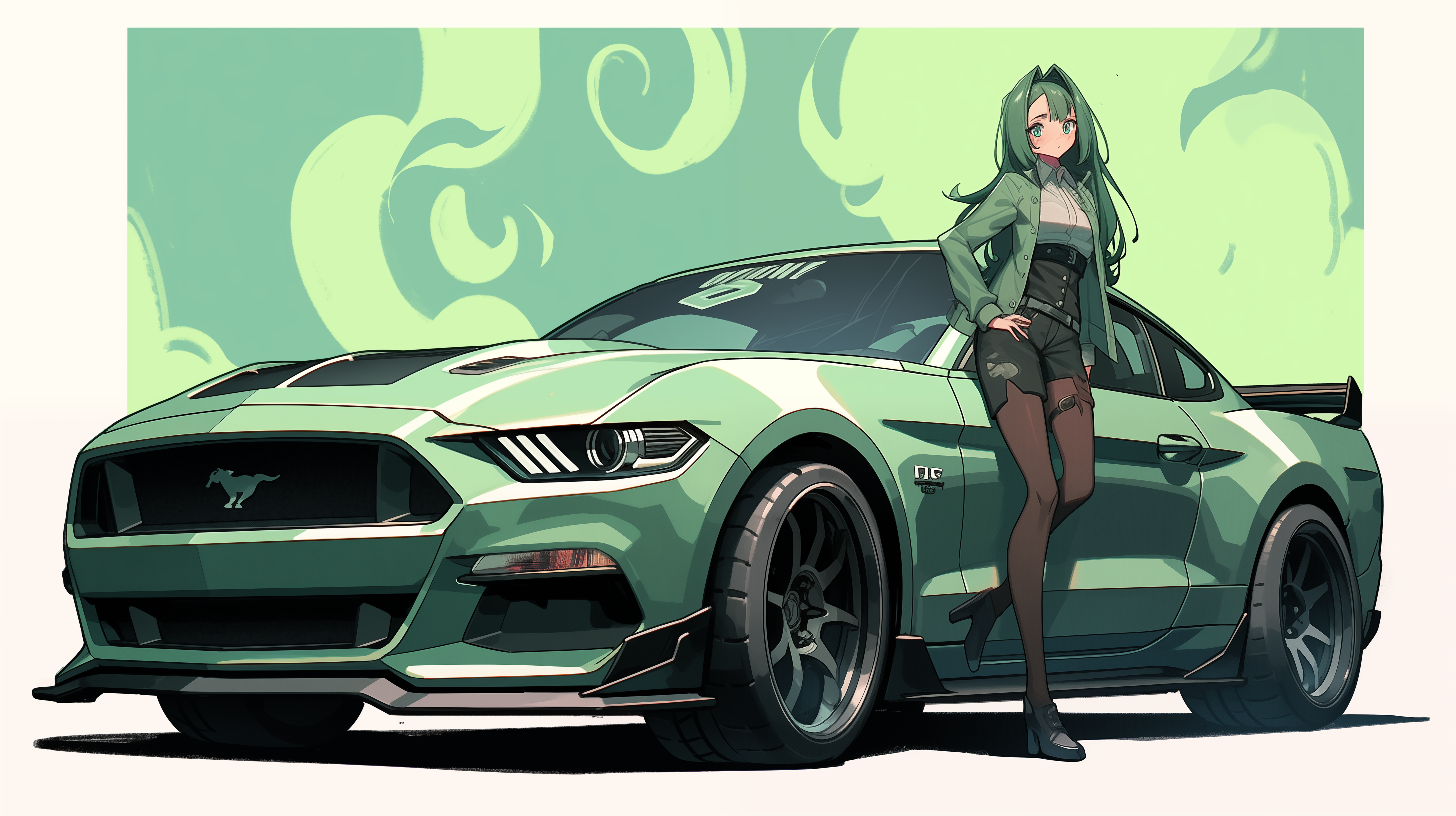 Anime 5824x3264 Ford Mustang car green anime girls AI art simple background digital art standing frontal view long hair vehicle hands on hips green hair jacket heels