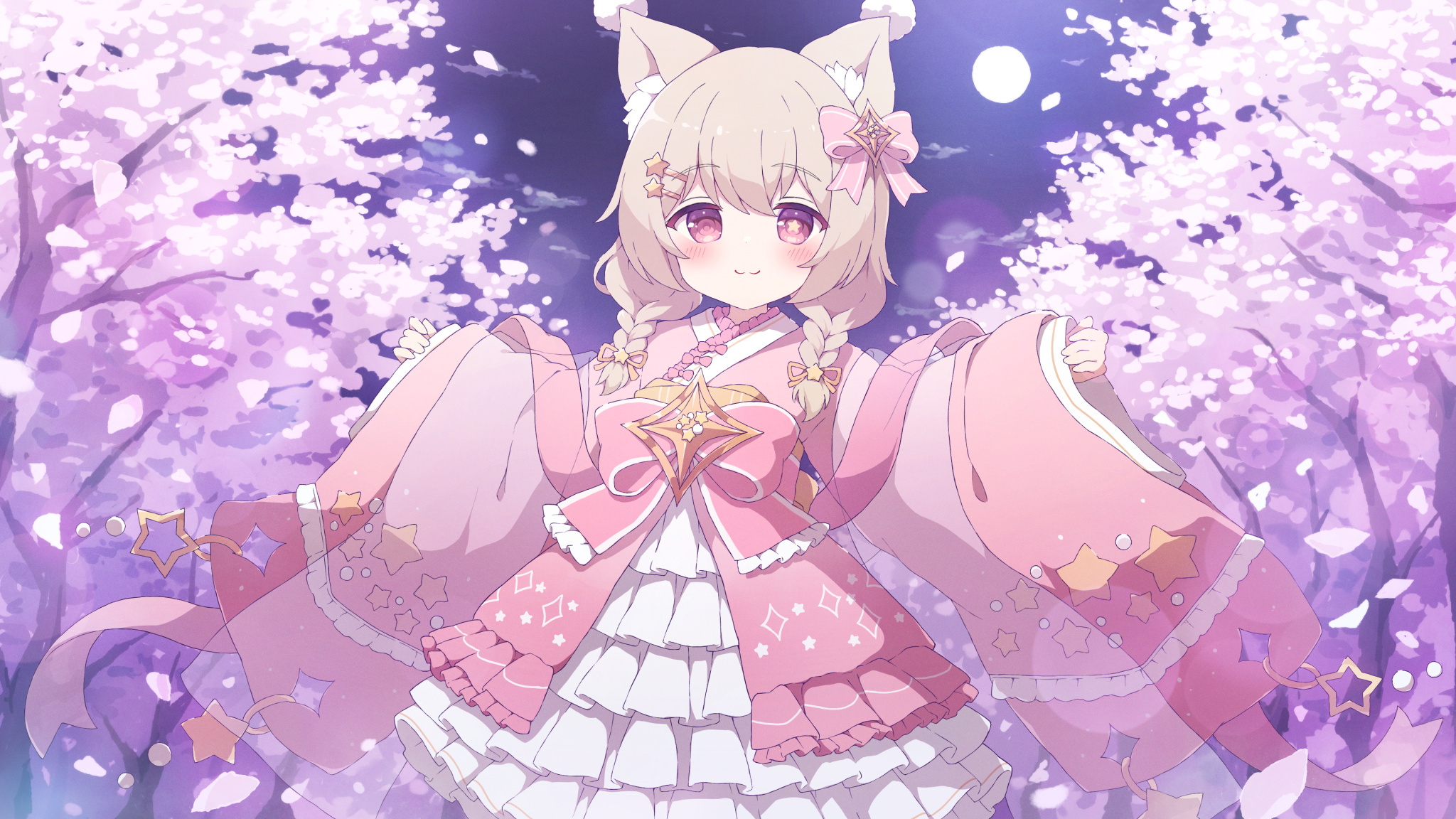 Anime 2048x1152 anime Pixiv animal ears blushing clouds flowers tyomimas closed mouth long sleeves wide sleeves smiling looking at viewer hair between eyes Moon full moon moonlight trees petals frills Japanese clothes standing hair clip hair ornament twintails star eyes braids cat girl night cat ears hair bows
