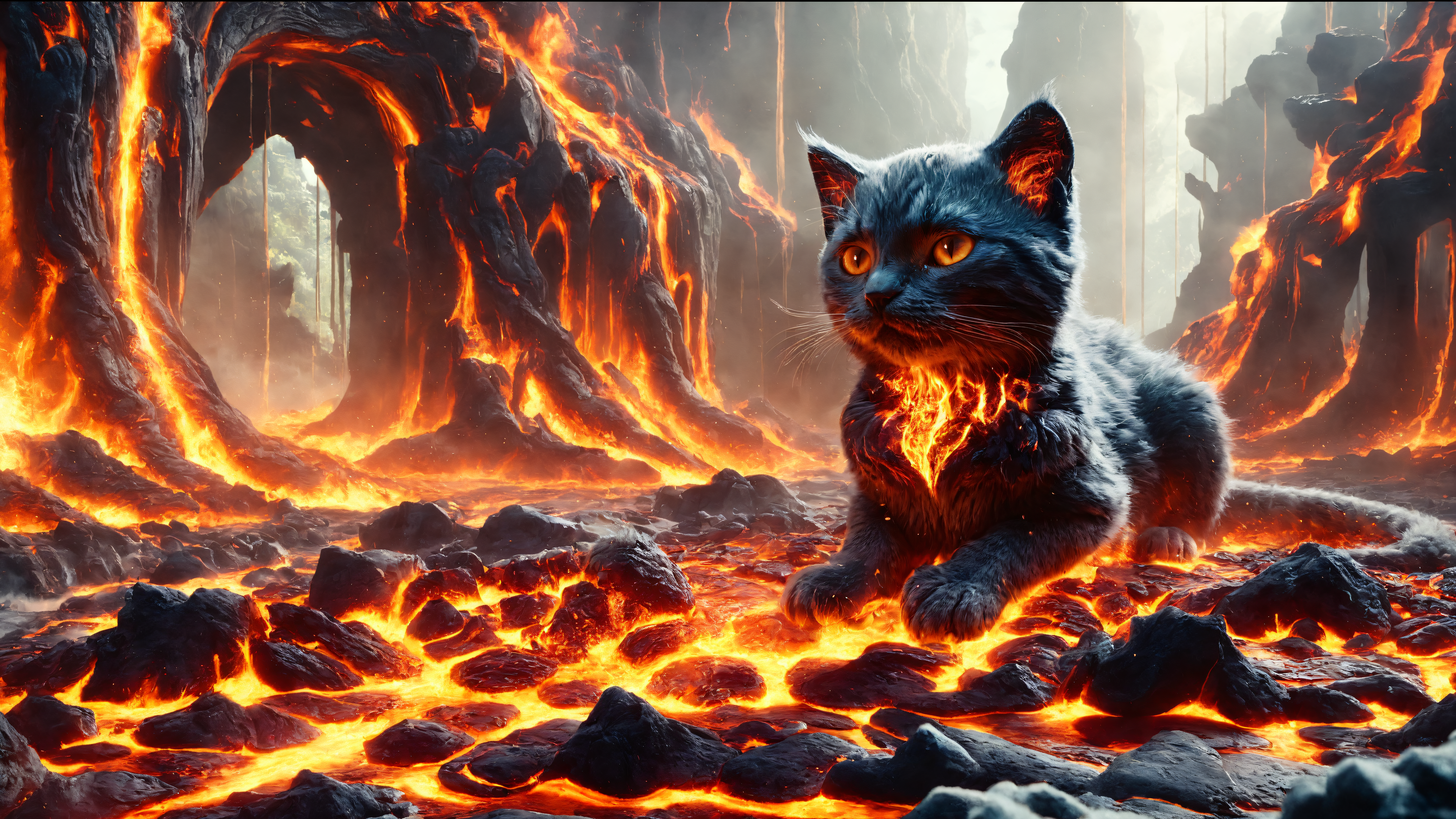 General 3840x2160 feline lava AI art cats animals rocks whiskers natural light fur cat eyes