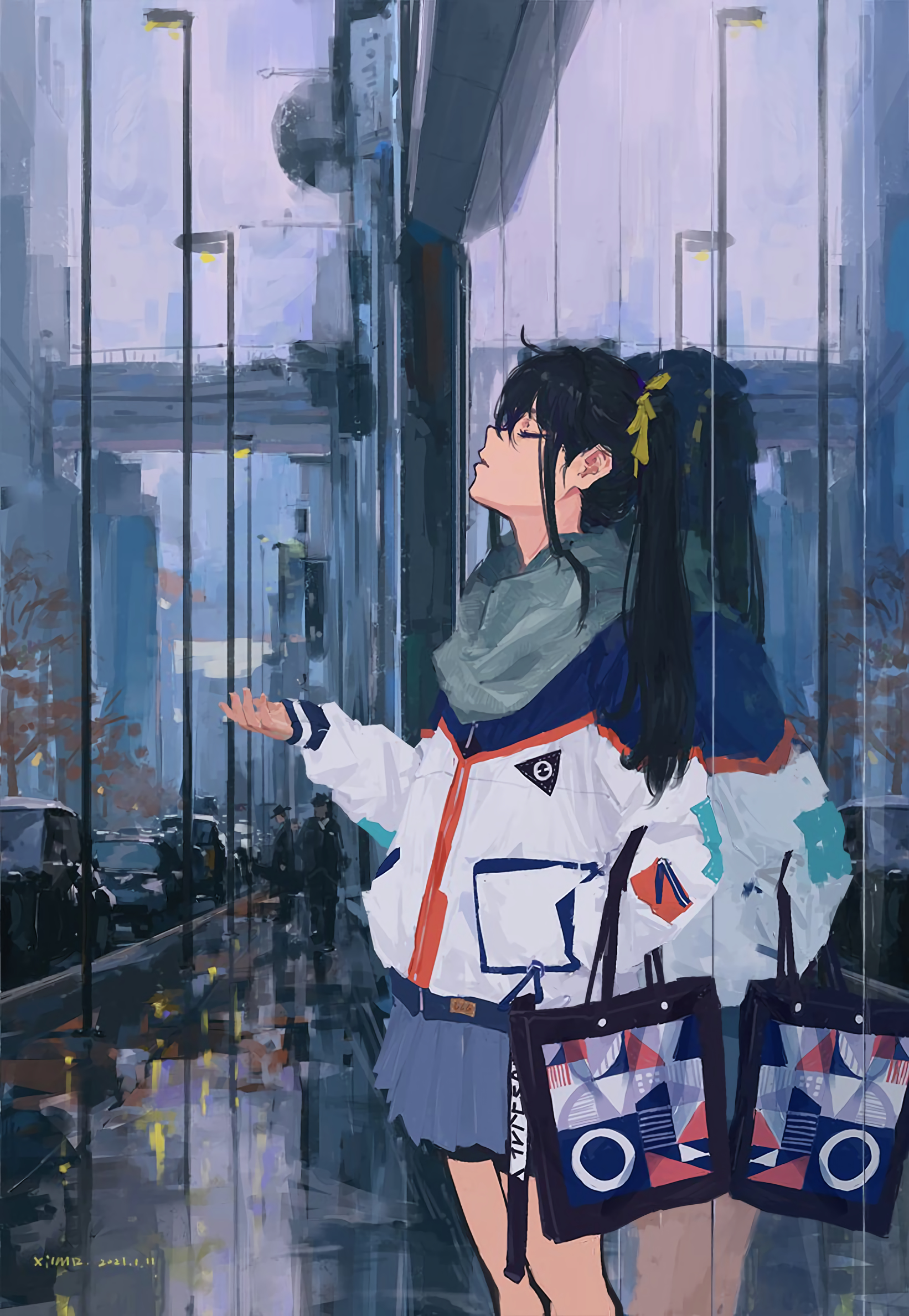 Anime 1642x2378 XilmO anime girls anime portrait display closed eyes long hair long sleeves standing tote bag women outdoors dark hair hair ornament parted lips reflection skirt hands in pockets signature 2021 (year)