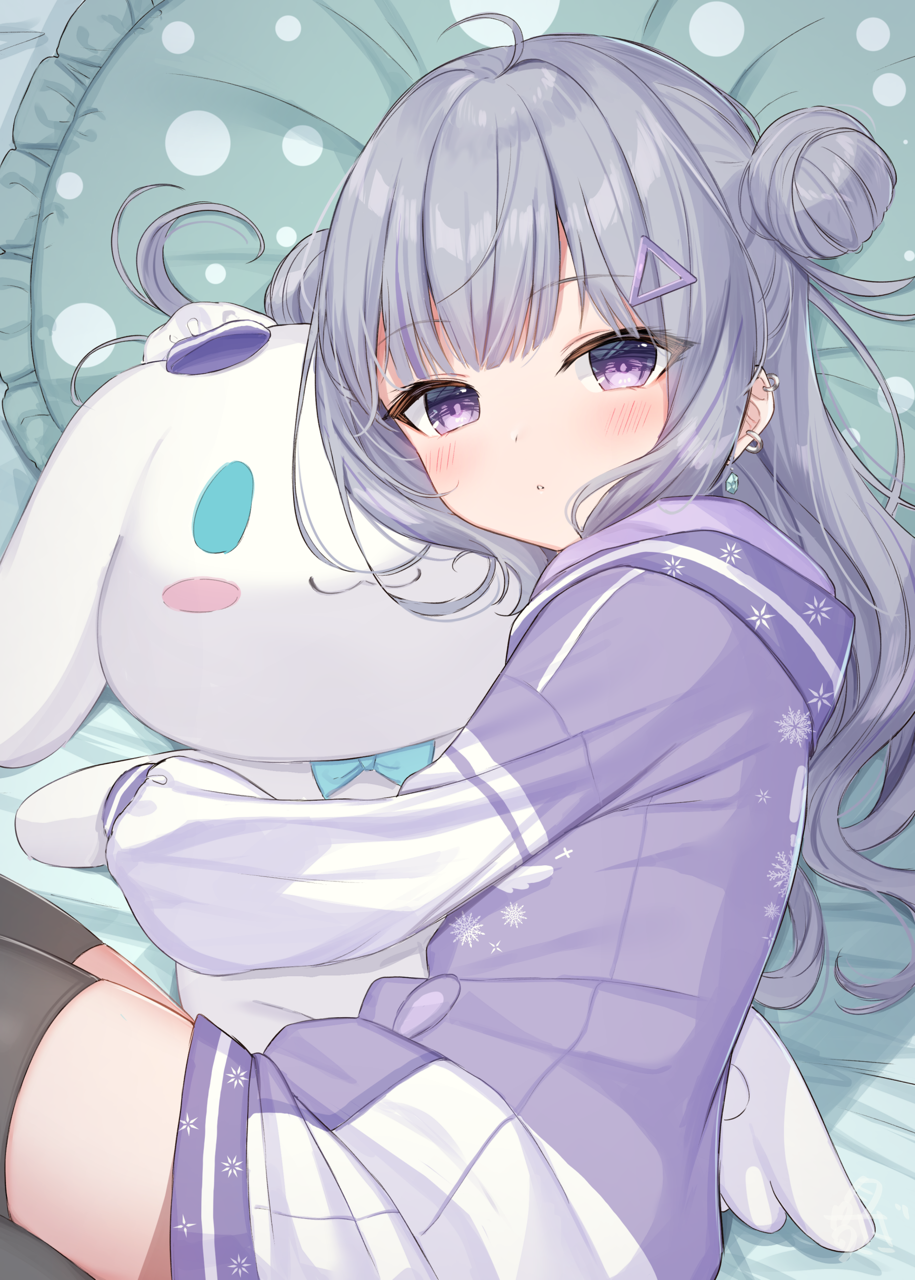Anime 1814x2537 anime anime girls tukiman02 long hair blushing looking at viewer portrait display earring plush toy ear piercing gray hair purple eyes twin buns long sleeves hair ornament ahoge parted lips thigh-highs black thigh-highs thighs lying down lying on side