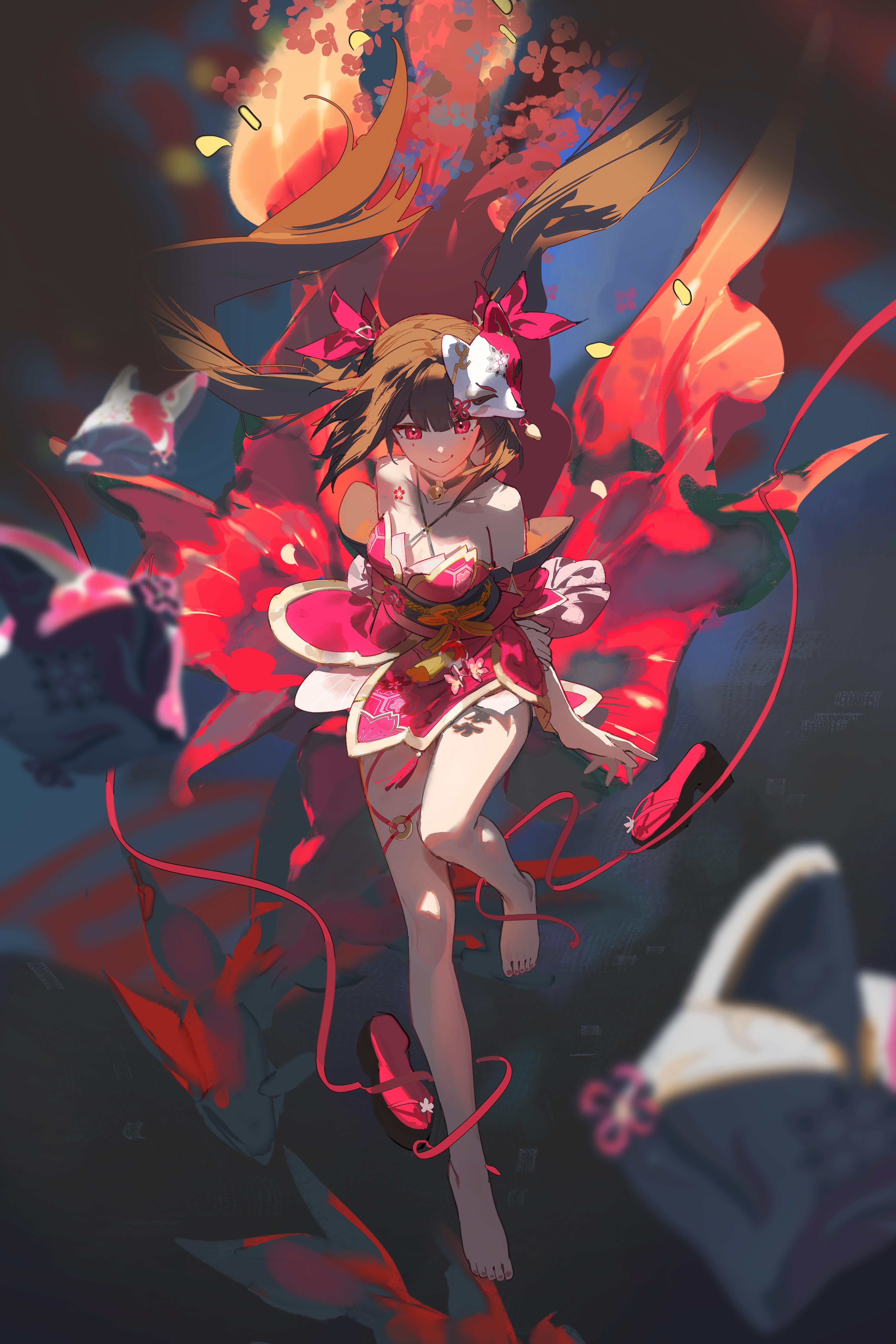 Anime 4000x6000 Honkai: Star Rail artwork Sparkle (Honkai: Star Rail) anime anime girls brunette red eyes choker long hair barefoot fox mask mask twintails Rafaelaaa portrait display looking at viewer smiling closed mouth collarbone bare shoulders dress arm(s) behind back tassels fist petals legs