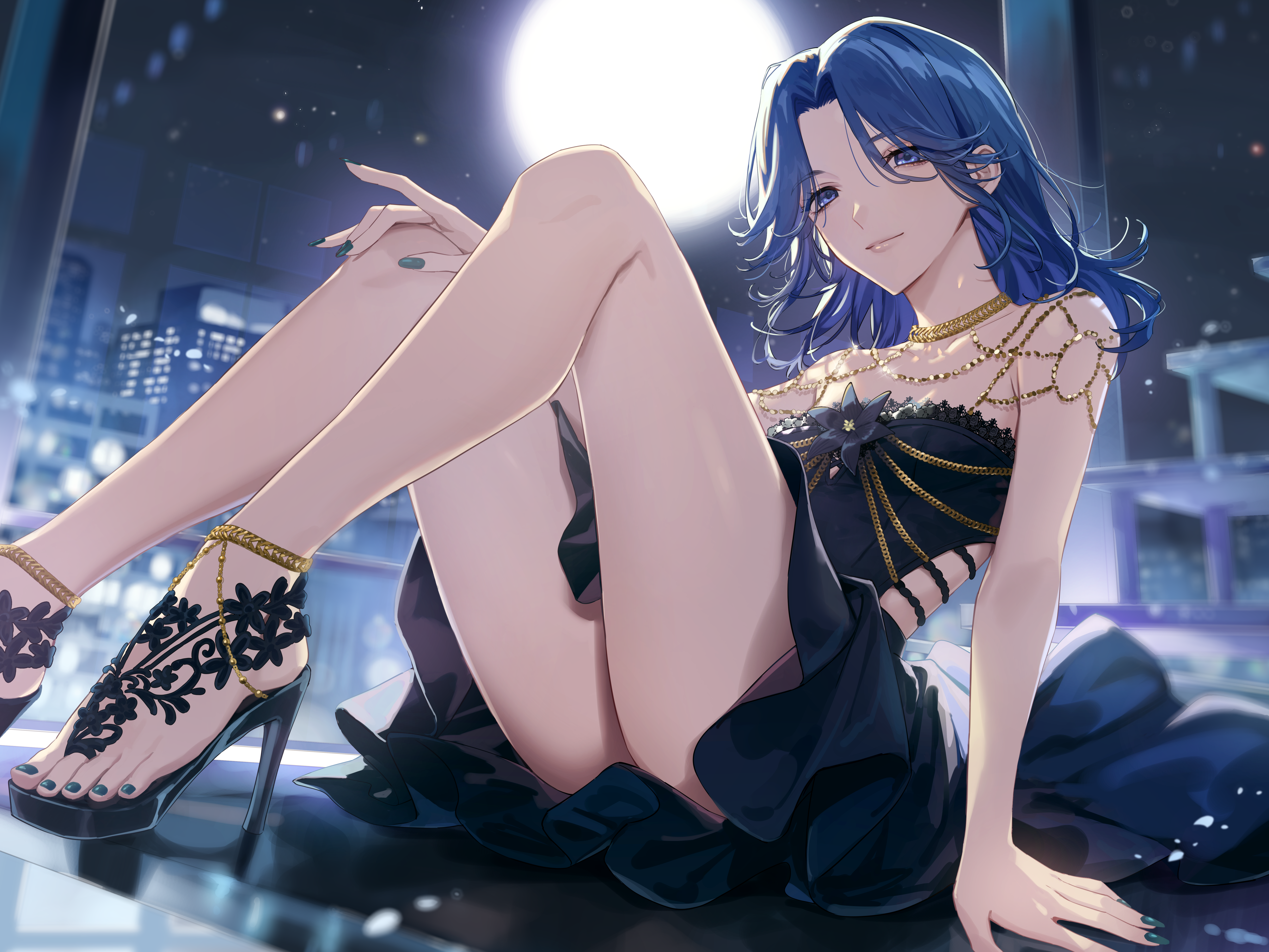 Anime 6552x4914 Kotarou looking at viewer black dress closed mouth blue dress dark blue hair blue hair nail polish full moon cityscape long hair high heels black heels window arm support jewelry smiling black nails necklace sitting night Moon thighs sky heels dress legs toes sleeveless Gold-trimmed clothes anime anime girls