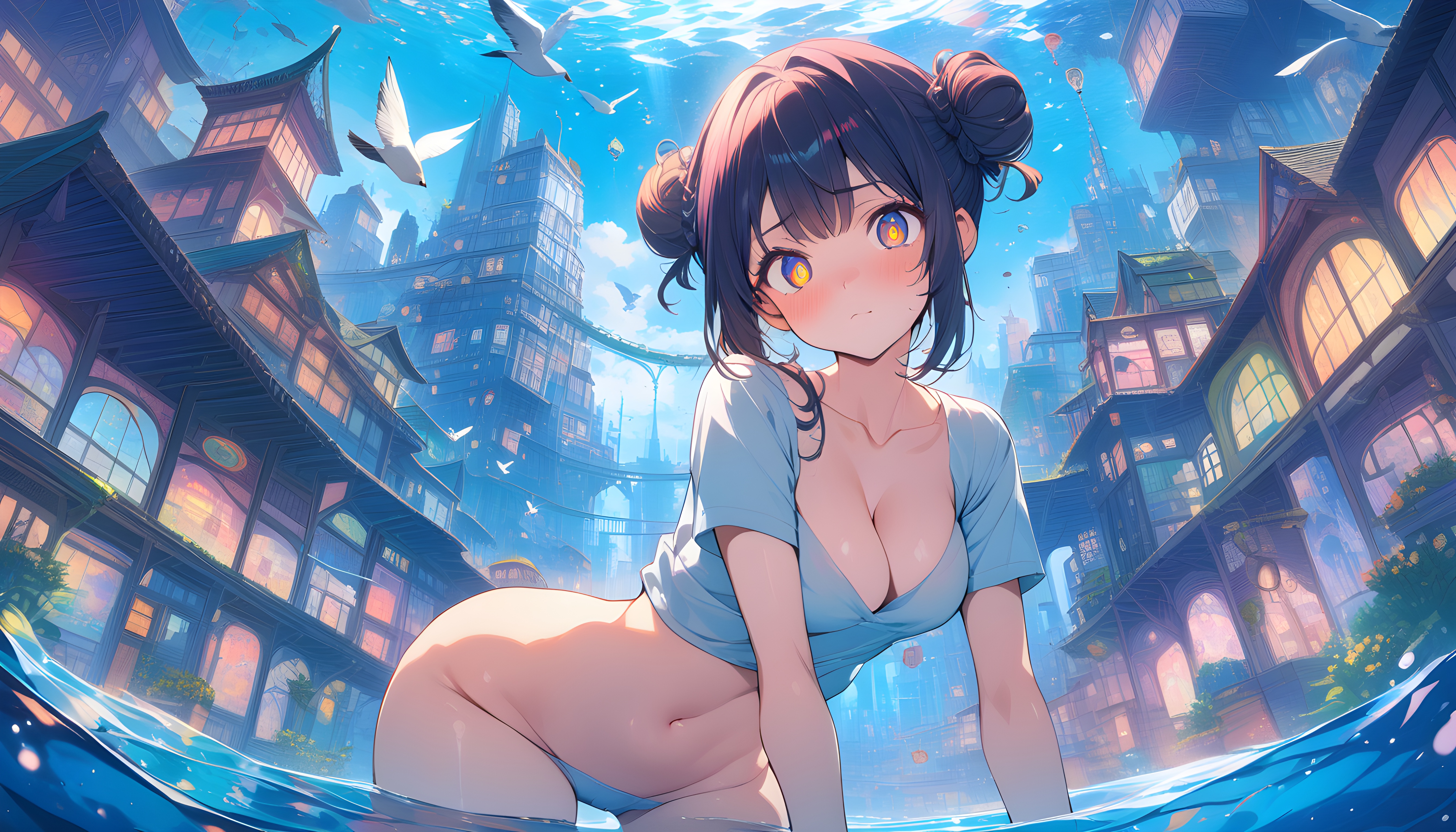 Anime 5376x3072 anime girls AI art in water cityscape hairbun blushing looking at viewer water cleavage closed mouth bent over collarbone short sleeves short hair hair between eyes birds twin buns brunette bikini bottoms sunlight building underwater big boobs sidelocks