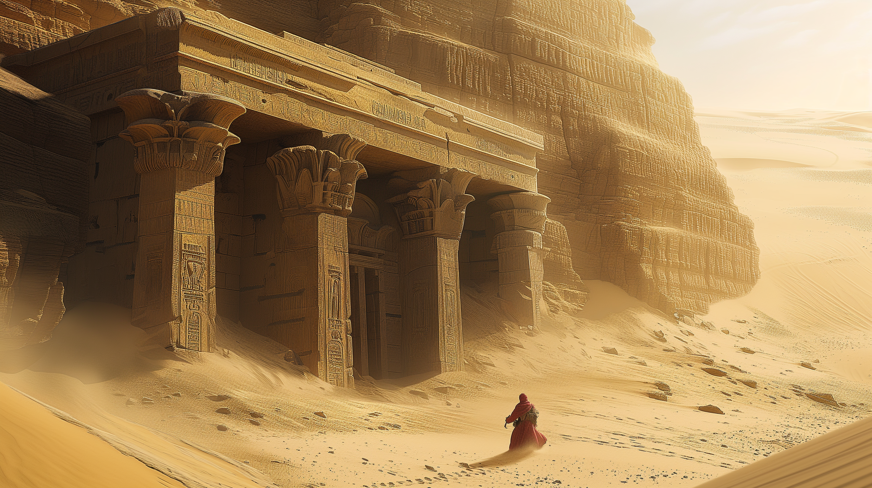 General 2912x1632 Egyptian mythology desert temple Egypt AI art Mystery pillar sand robes bright
