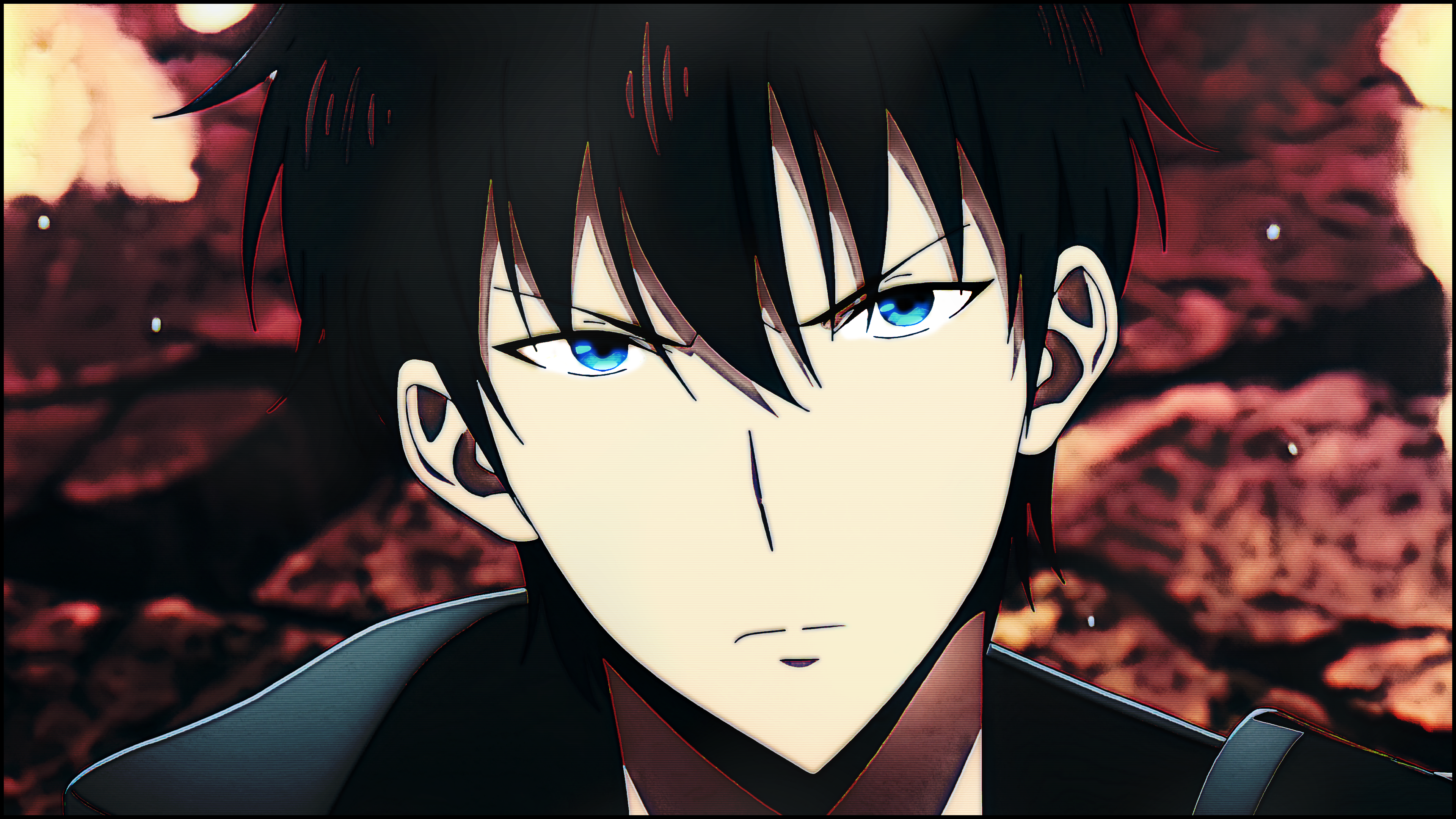 Anime 3840x2160 Solo Leveling Sung Jin Woo anime anime boys looking at viewer frown hair between eyes face closeup closed mouth short hair blue eyes black hair