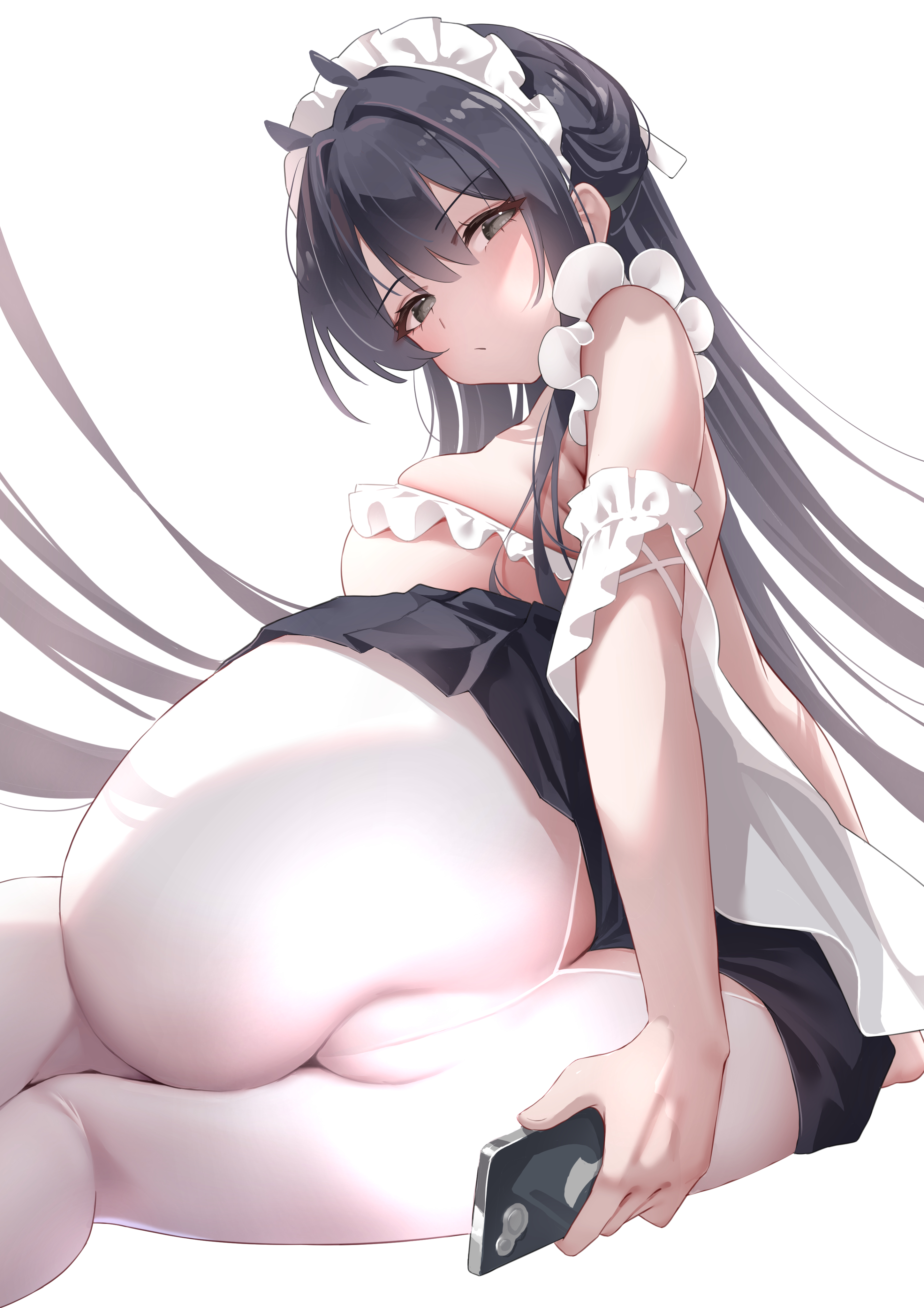 Anime 2894x4093 anime anime girls portrait display long hair simple background ass white background phone Zildjian33 holding phone huge breasts sideboob skindentation gray eyes hair between eyes frills dark hair maid outfit thick ass Azur Lane Indomitable (Azur Lane) selfies white pantyhose pantyhose maid