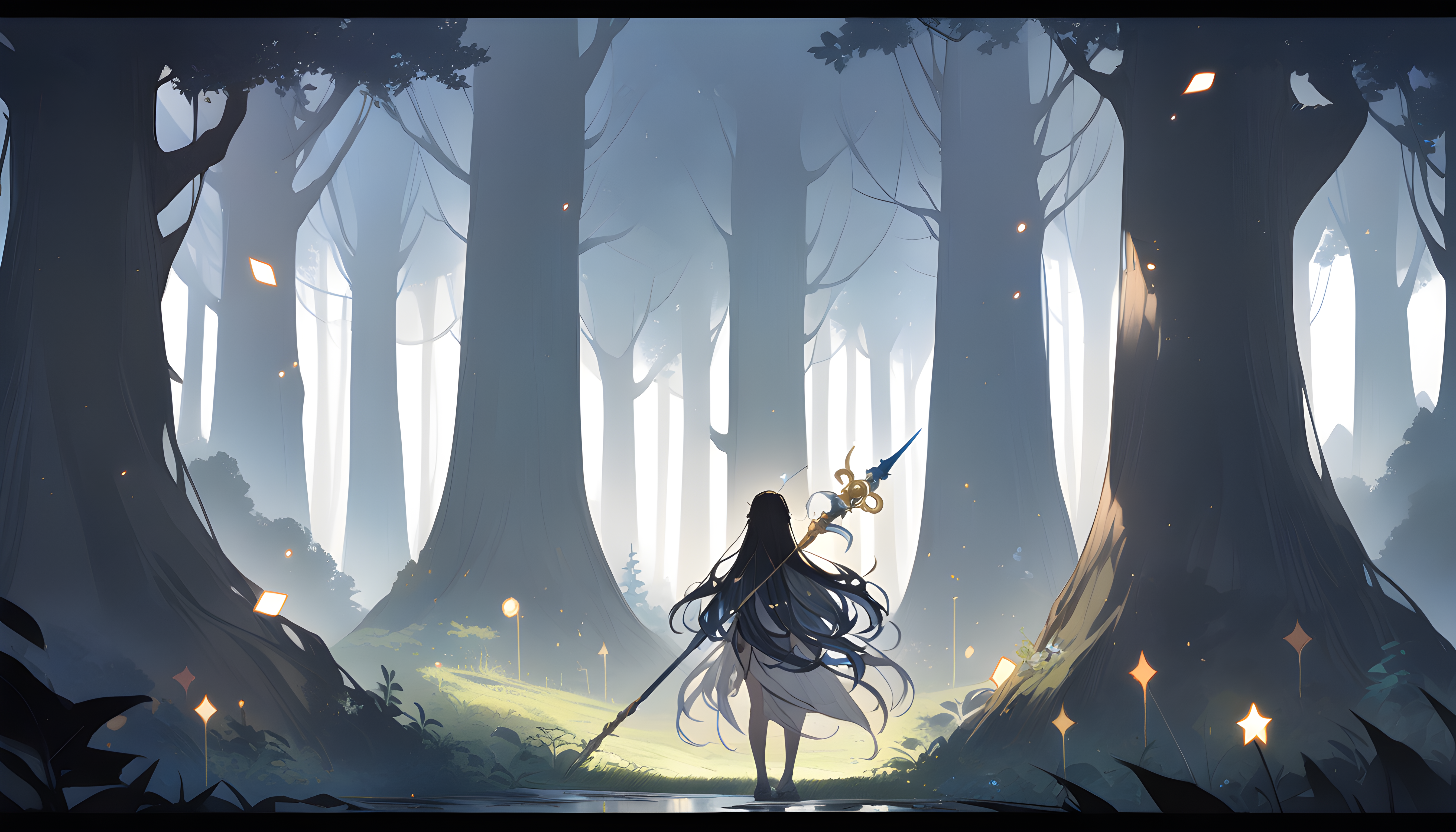Anime 5376x3072 AI art anime girls abstract Stable Diffusion cinematic nature outdoors women outdoors sunlight long hair trees water weapon standing leaves