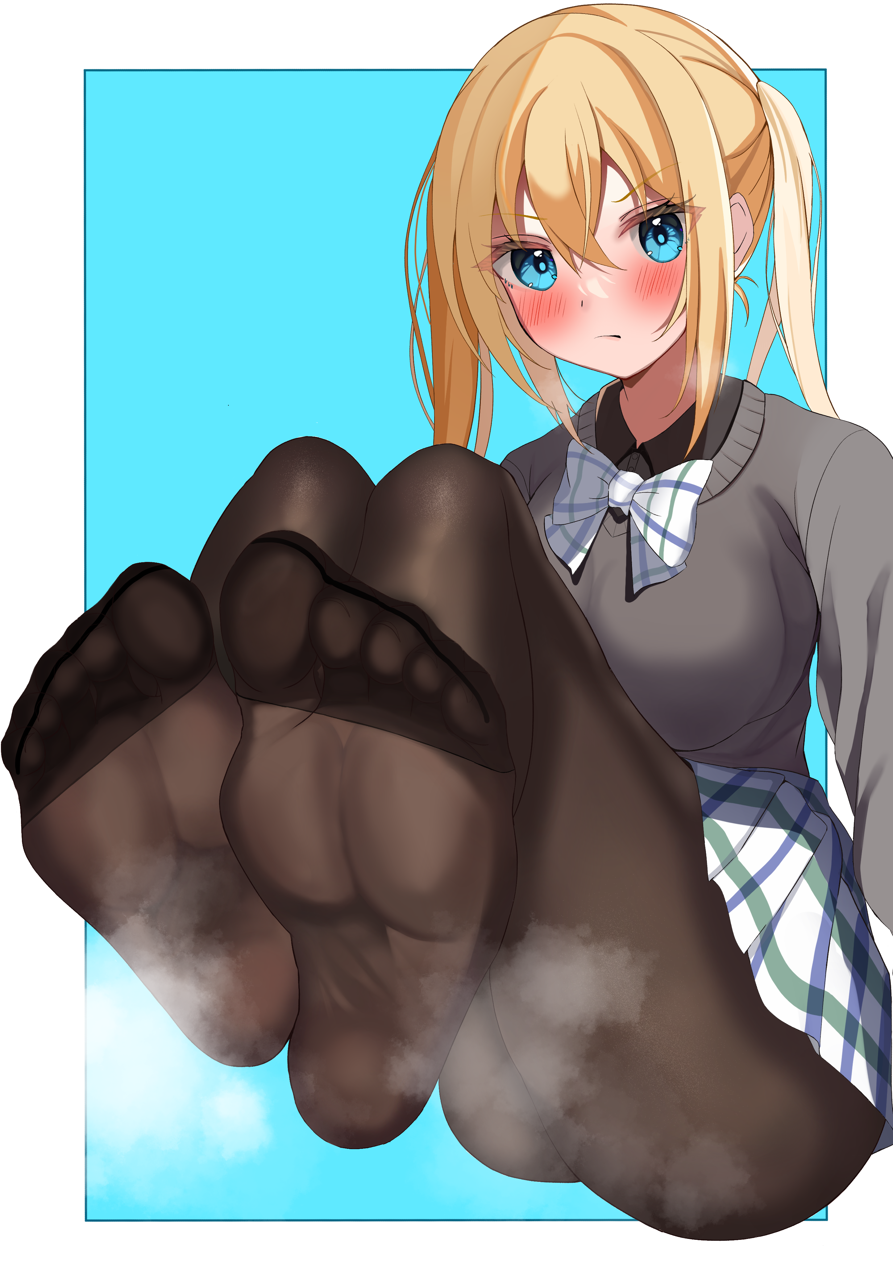 Anime 2894x4093 Hinata Kaho twintails blushing JK black pantyhose foot sweat foot sole portrait display anime girls feet pantyhose bow tie