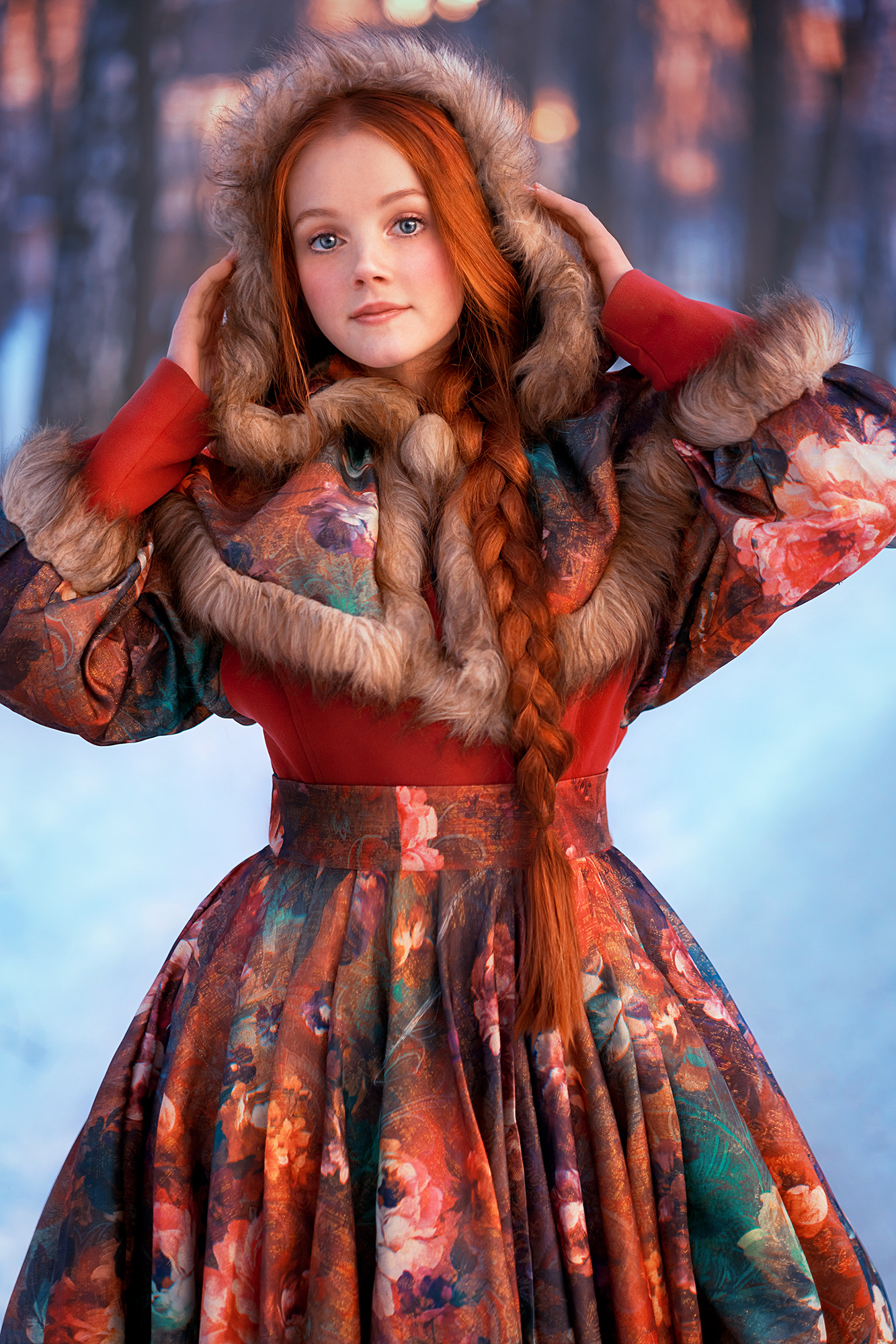 People 1333x2000 Natalia Antipas women redhead hoods colorful braids long hair freckles blue eyes snow