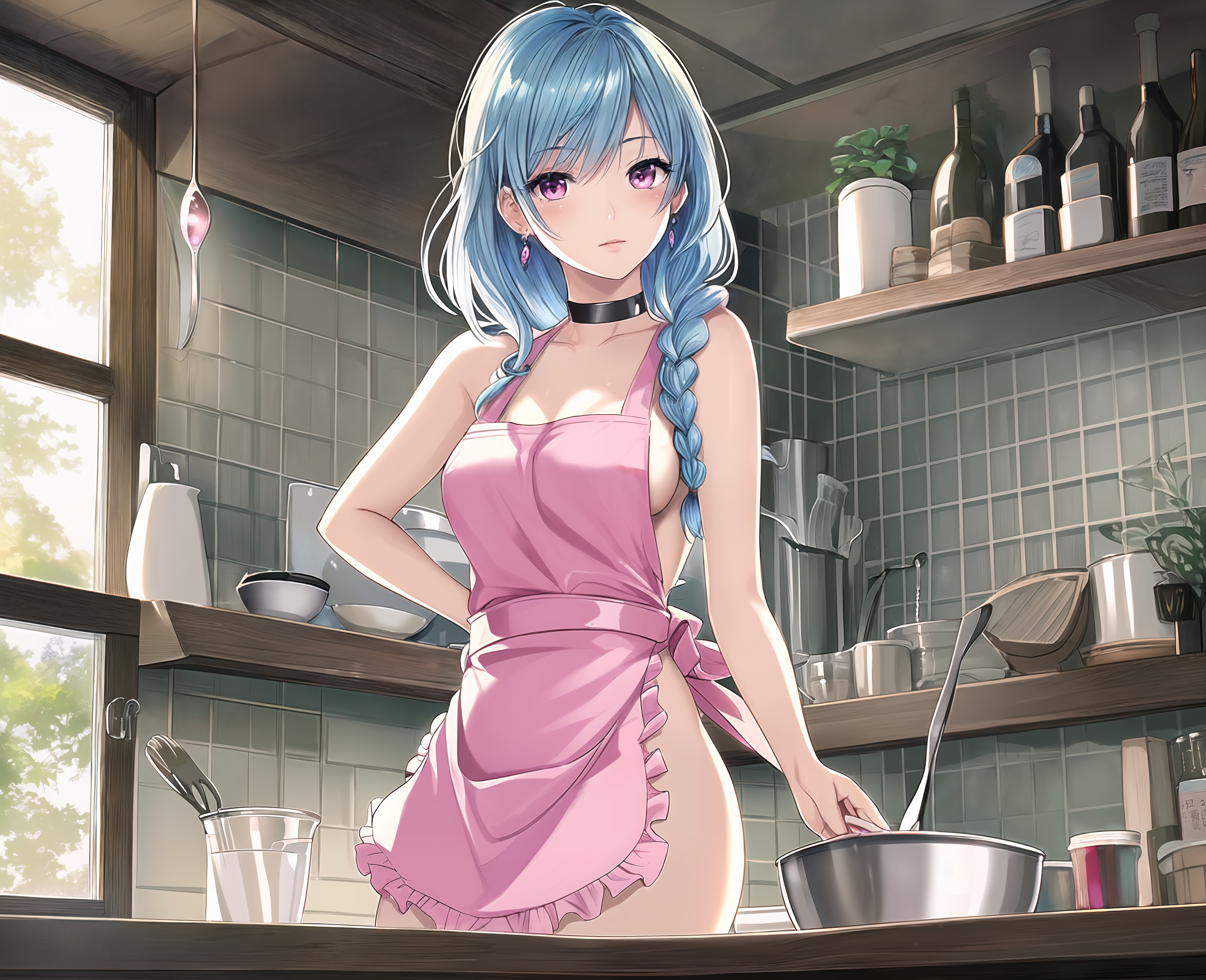 Anime 4096x3328 anime anime girls artwork AI art digital art Mia27000 kitchen apron naked apron blue hair purple eyes braids sideboob choker cooking
