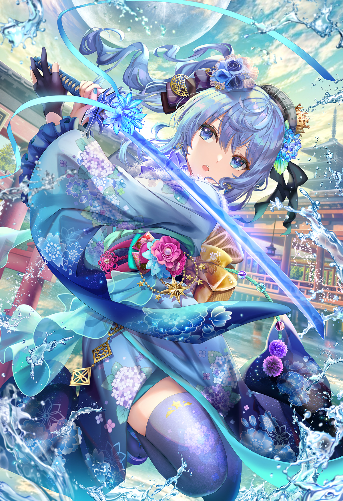 Anime 1200x1752 anime anime girls sword katana blue hair blue eyes water water drops Hoshimachi Suisei Hololive Virtual Youtuber