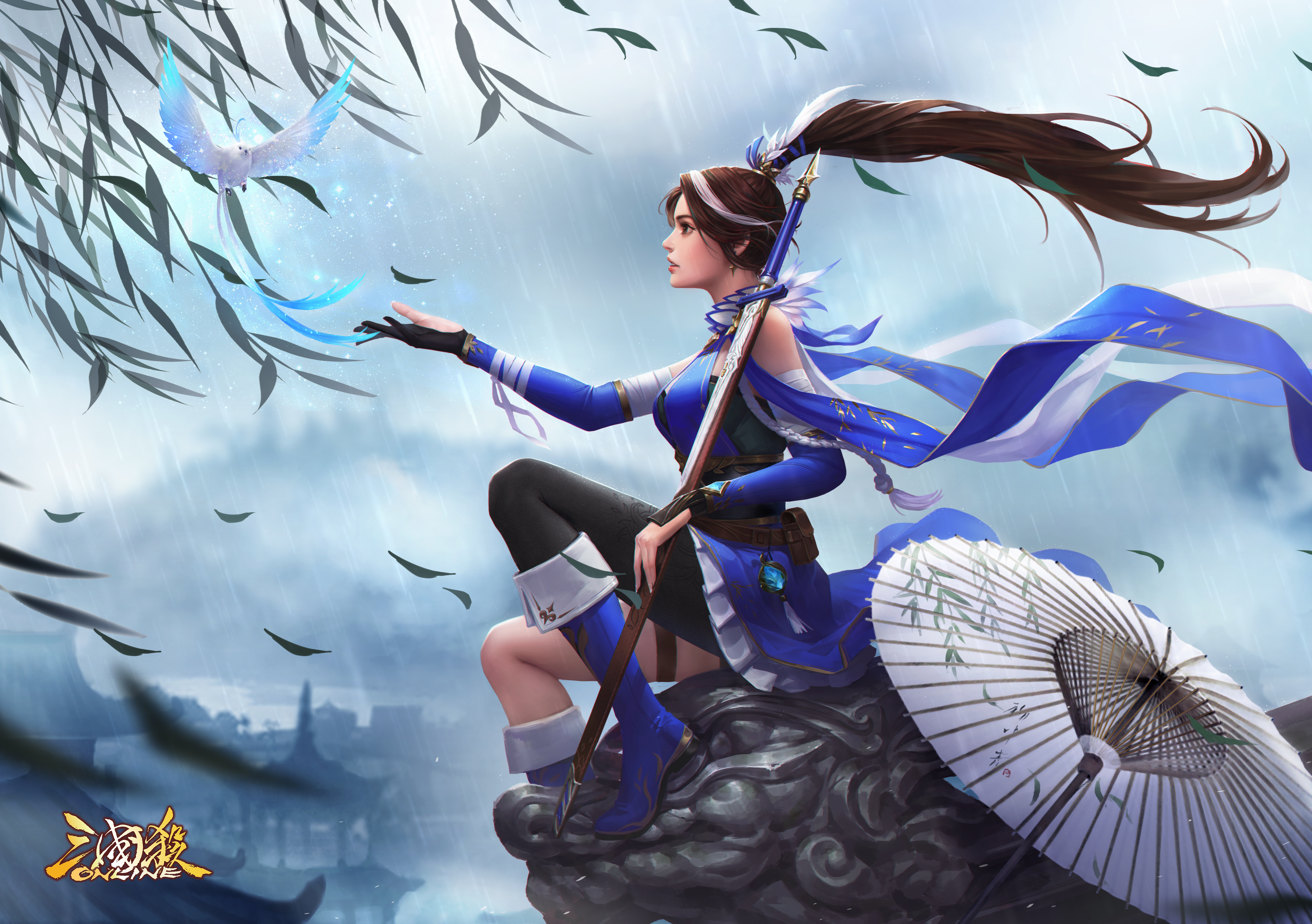 General 4945x3483 Three Kingdoms video game characters video games video game art umbrella video game girls leaves ponytail two tone hair birds