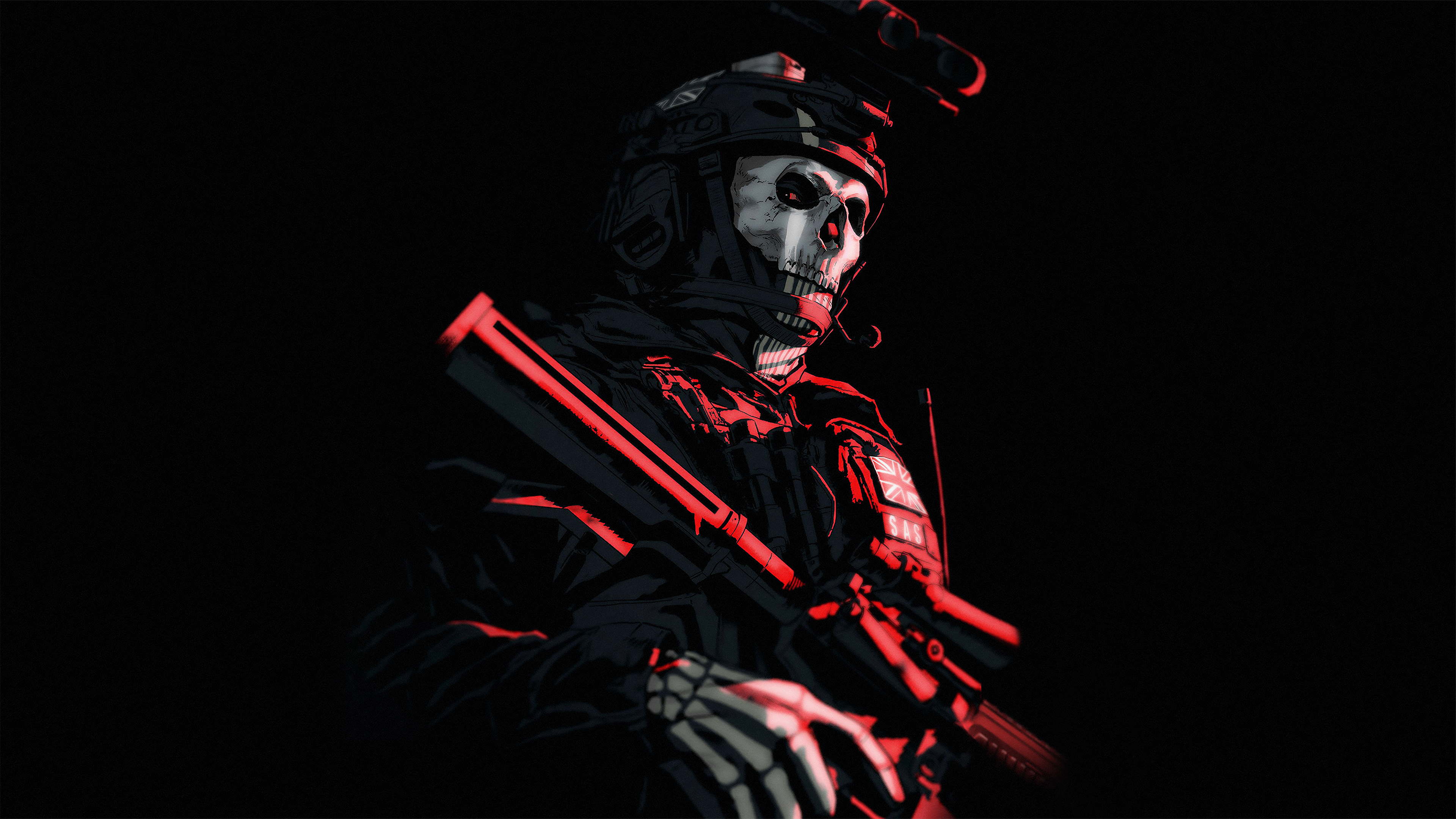 General 3840x2160 Call of Duty Call of Duty: Modern Warfare 2 illustration digital art 4K artwork ghost video game characters skull soldier mask video games black background Call of Duty: Ghosts simple background minimalism gun helmet Simon "Ghost" Riley