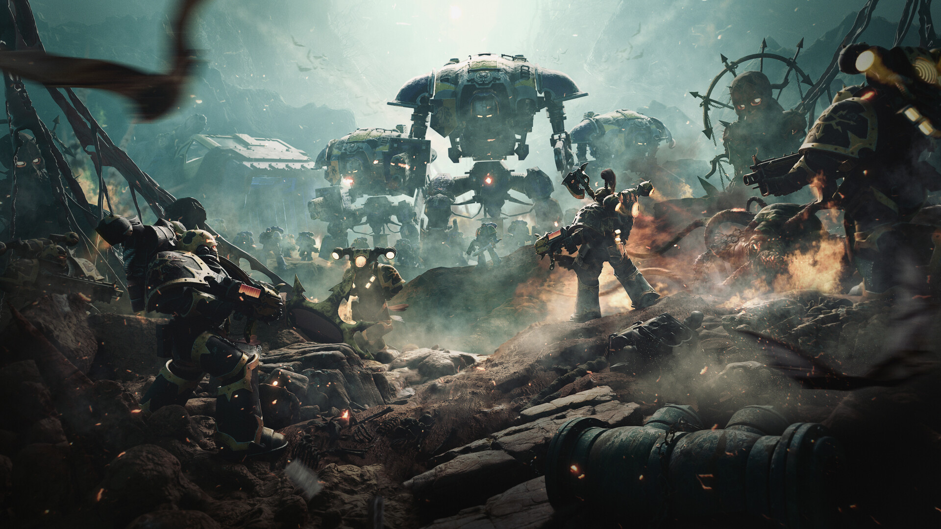 General 1920x1080 science fiction Warhammer 40,000 Warhammer space marines power armor bolter gun Imperial Knight Chaos Space Marines fire smoke black red yellow rubble ruins debris video games video game art video game characters