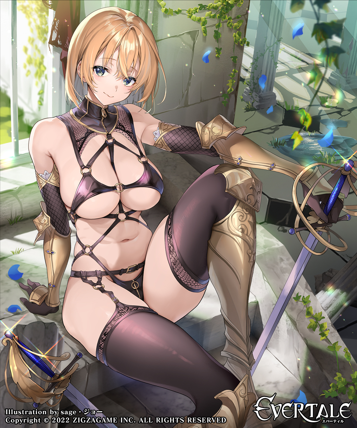 Anime 1250x1500 anime girls blonde blue eyes skimpy clothes petals sword big boobs stockings body harness armored woman