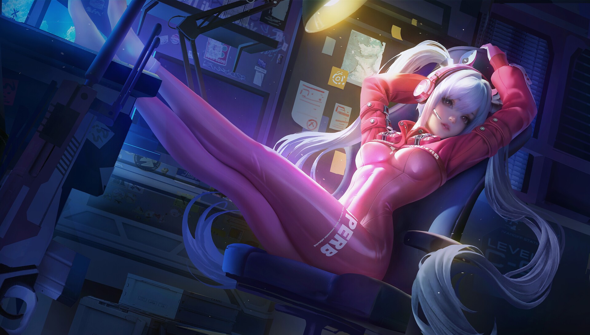 Anime 1920x1090 Mr Xior drawing Nikke: The Goddess of Victory Alice (Nikke) silver hair twintails pink clothing legs desk lamp anime girls white hair bodysuit chair headphones