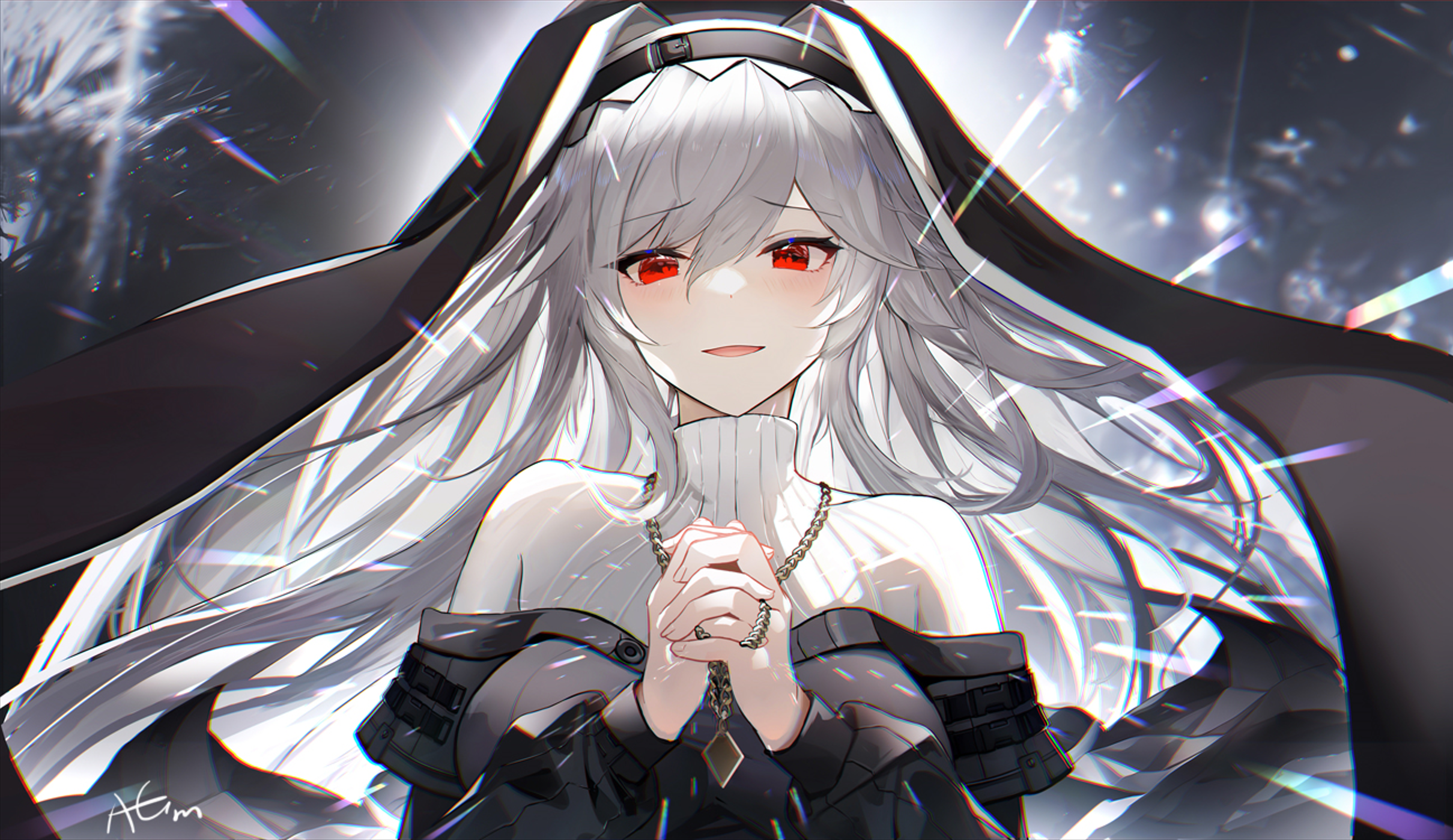 Anime 2419x1399 Arknights Specter (Arknights) Omone Hokoma Agm anime girls red eyes silver hair nuns nun outfit blushing necklace praying folded hands