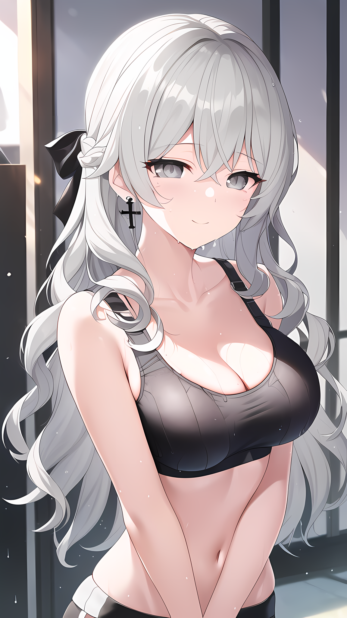 Anime 1152x2048 anime anime girls digital art artwork petite looking at viewer ecchi silver hair silver eyes portrait portrait display 2D Pixiv bare midriff belly belly button sports bra earring