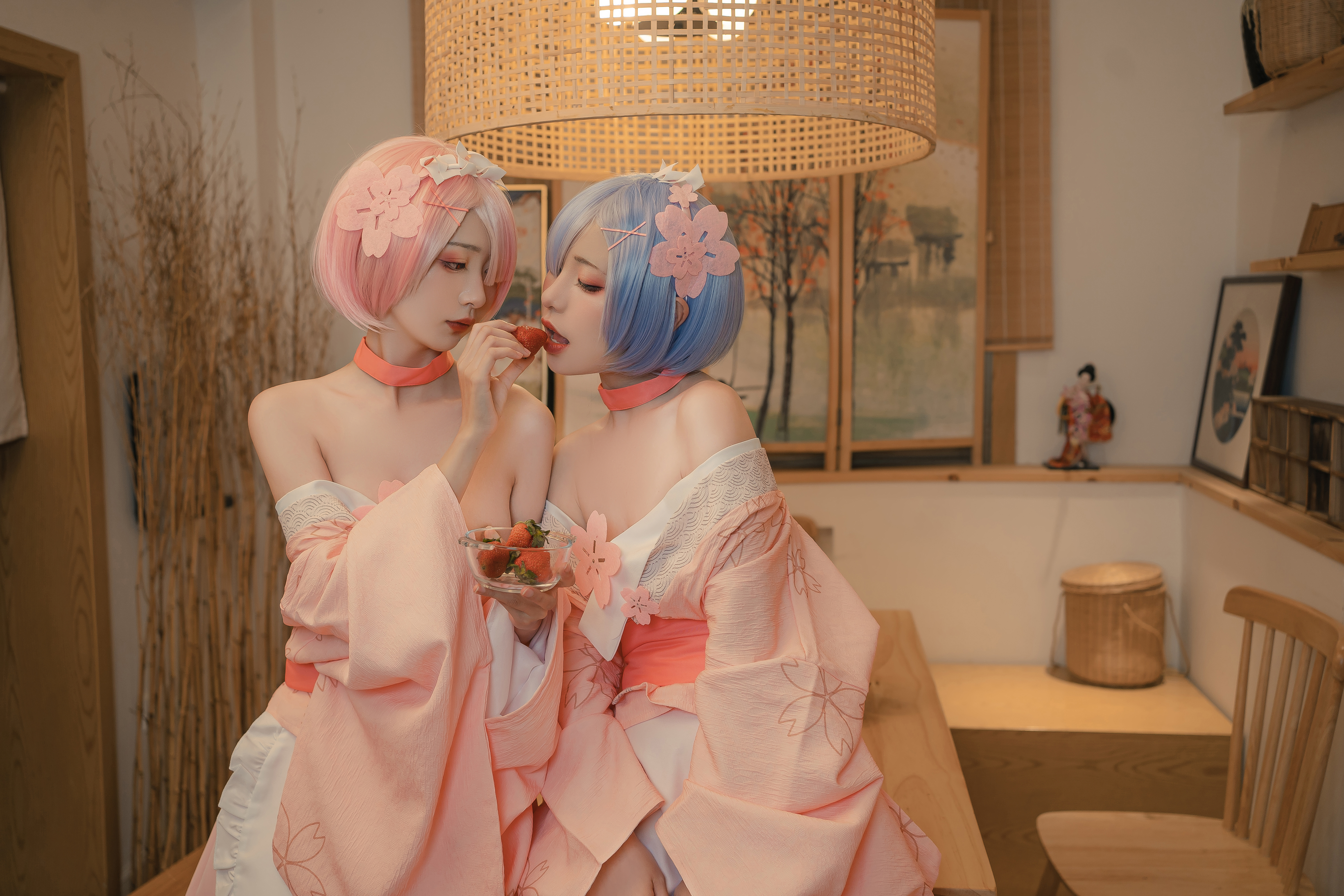 People 6000x4000 two women pink hair blue hair anime girls Rem (Re:Zero) Ram (Re: Zero) Re:Zero Kara Hajimeru Isekai Seikatsu Neko Koyoshi asian cosplayer short hair kimono Asian women cosplay