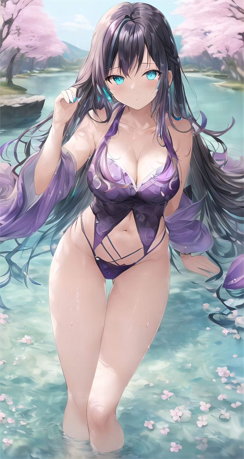 Anime 1024x1920 water swimwear black hair anime girls looking at viewer belly belly button portrait display standing in water cleavage big boobs