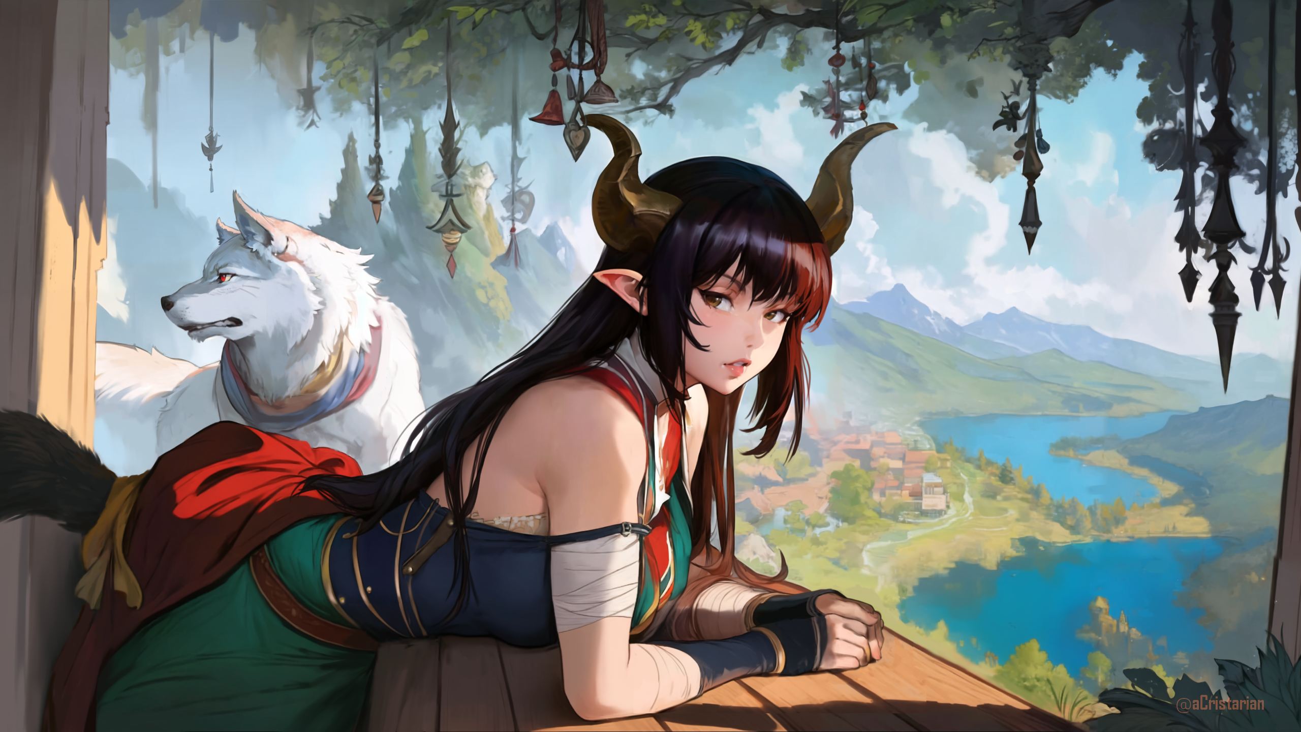 General 2560x1440 pointy ears wolf girls two tone hair animals acristarian fantasy girl looking at viewer water landscape mountains bent over sunlight clouds bare shoulders sky wolf tail horns