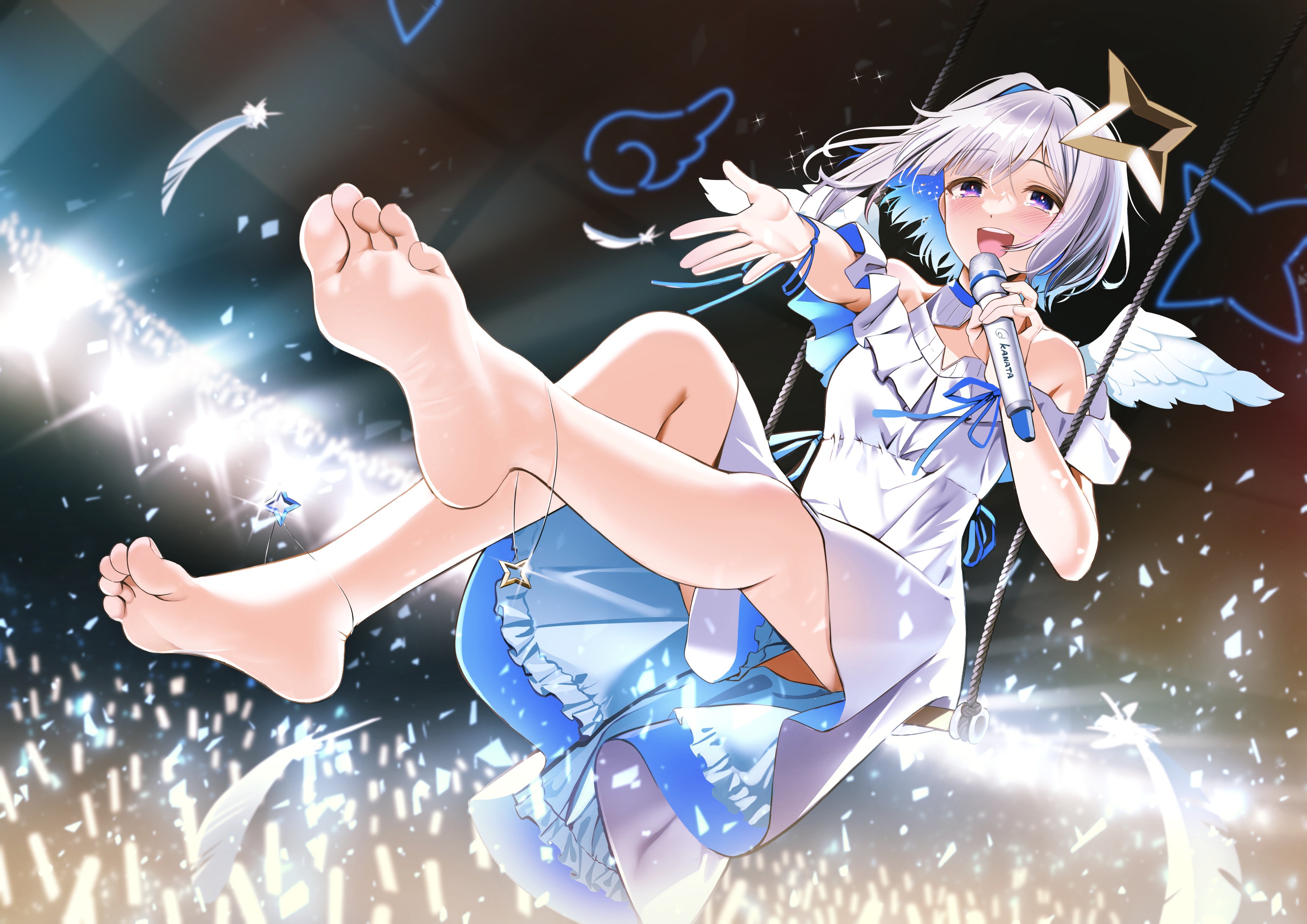Anime 3446x2437 anime anime girls microphone wings feathers tears feet foot sole Amane Kanata Hololive Virtual Youtuber casinoep