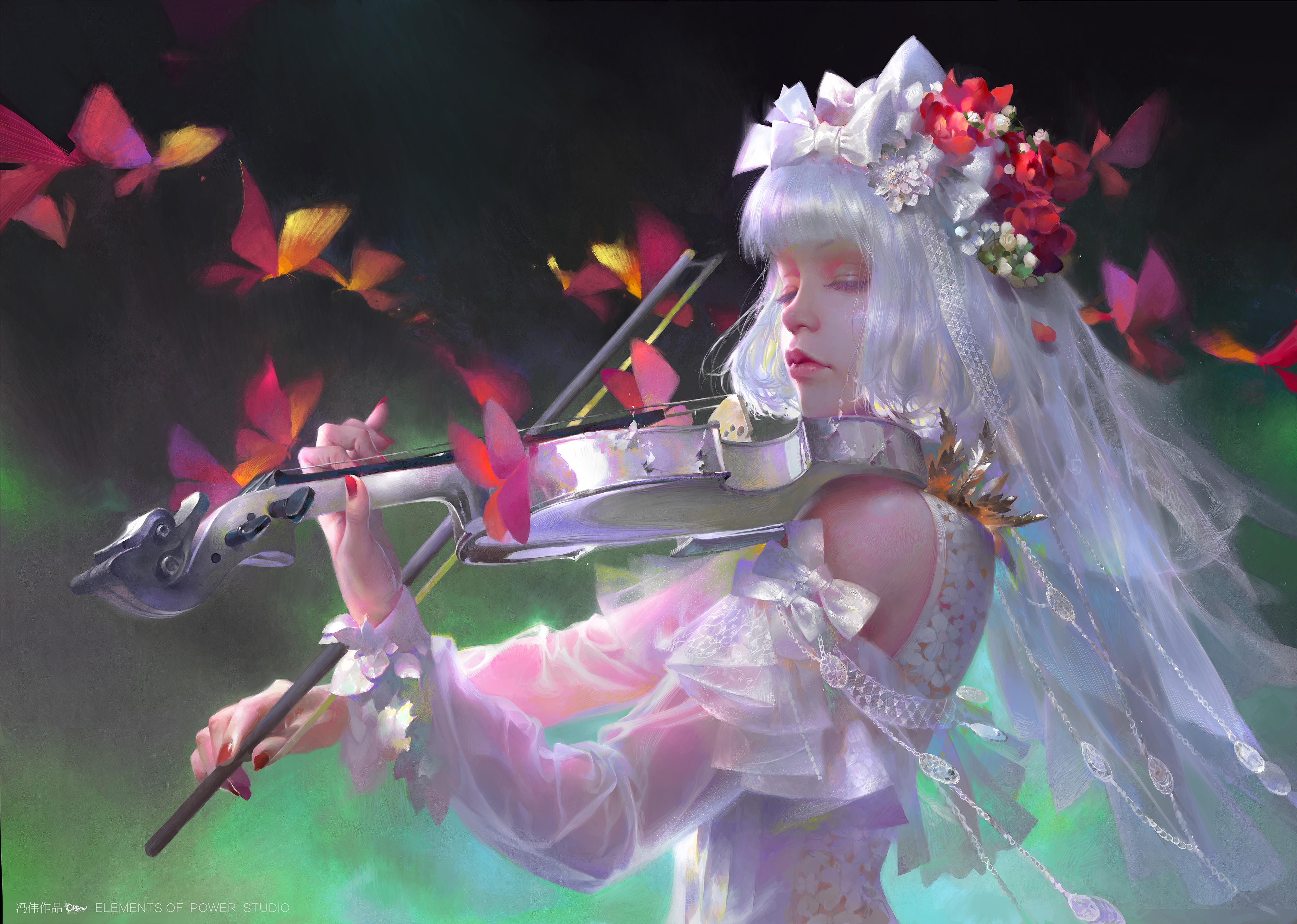 General 4000x2851 closed eyes white hair violin musical instrument dress flowers Feng Wei digital art