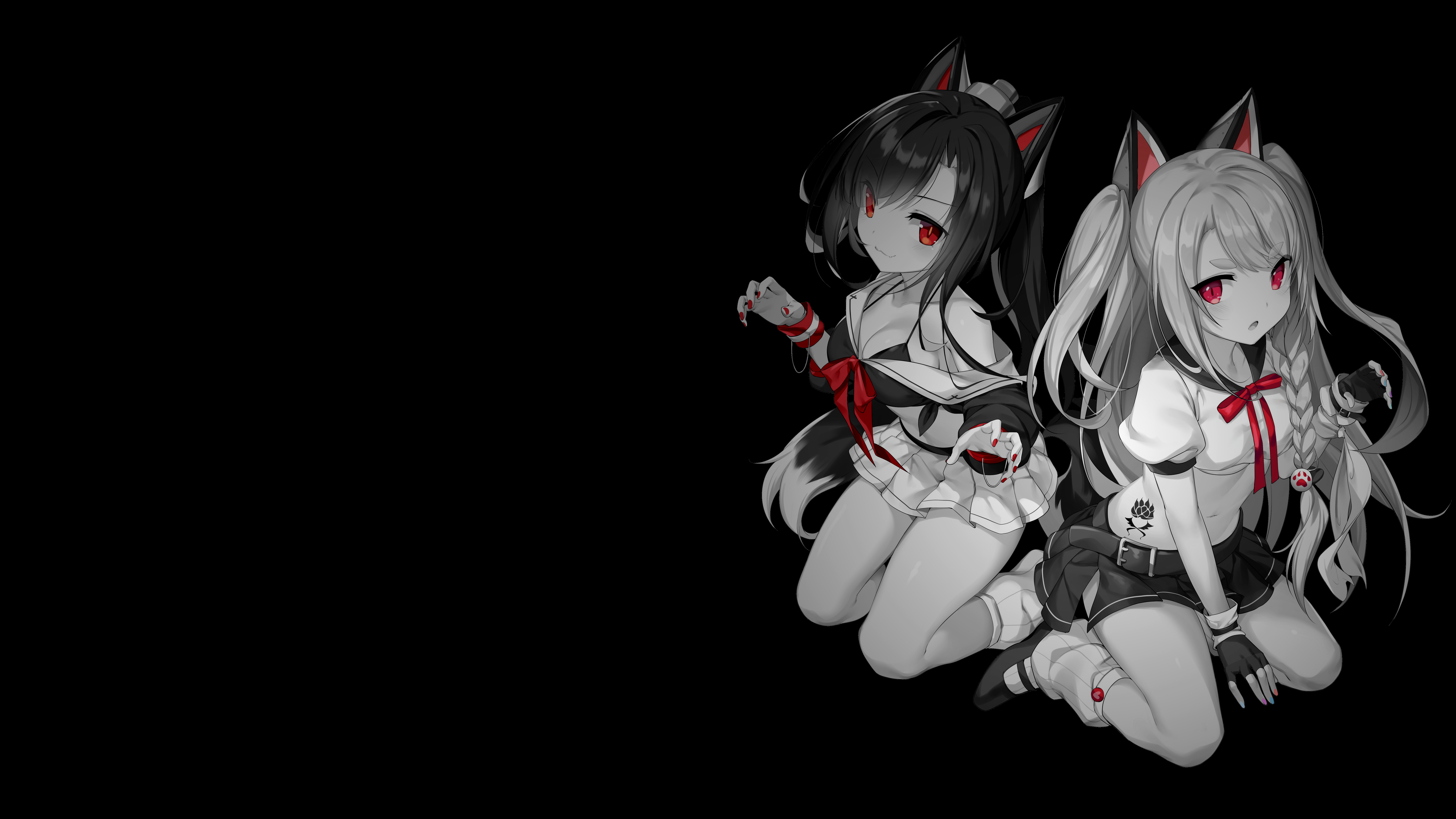 Anime 7767x4369 selective coloring anime girls simple background dark background black background cat girl cat ears cat tail