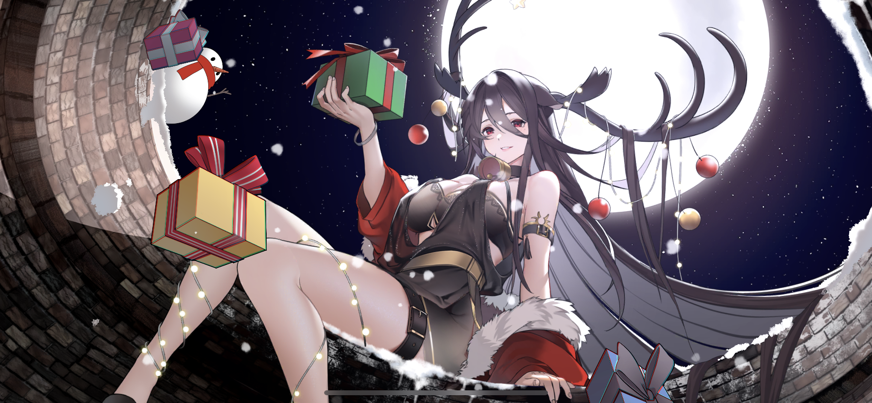 Anime 1792x828 Christmas clothes Christmas elk anime girls video game characters red eyes presents snow horns Moon