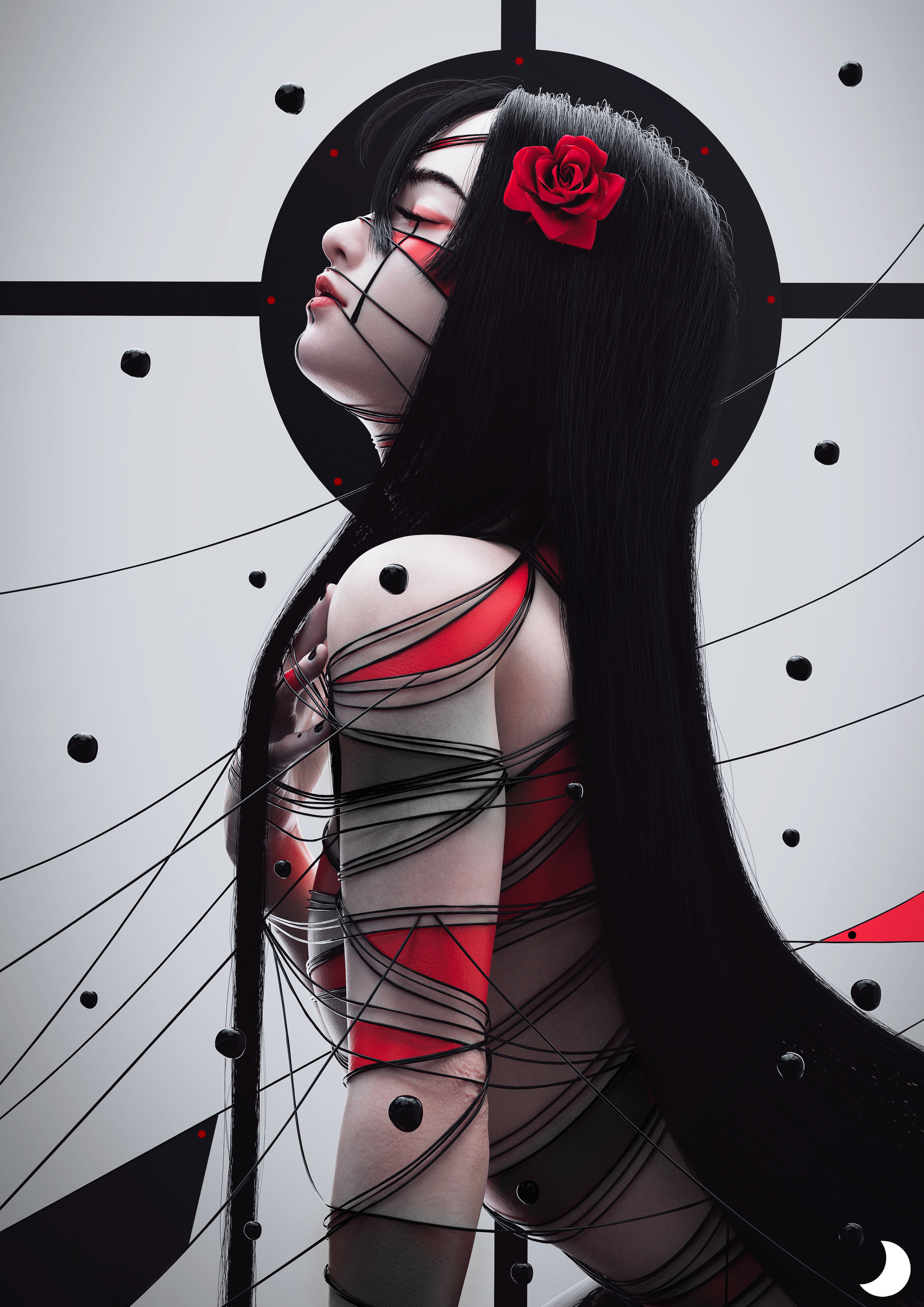 General 2480x3508 artwork digital art Asian women Dylan Kowalski face profile hair in face black hair long hair flower in hair