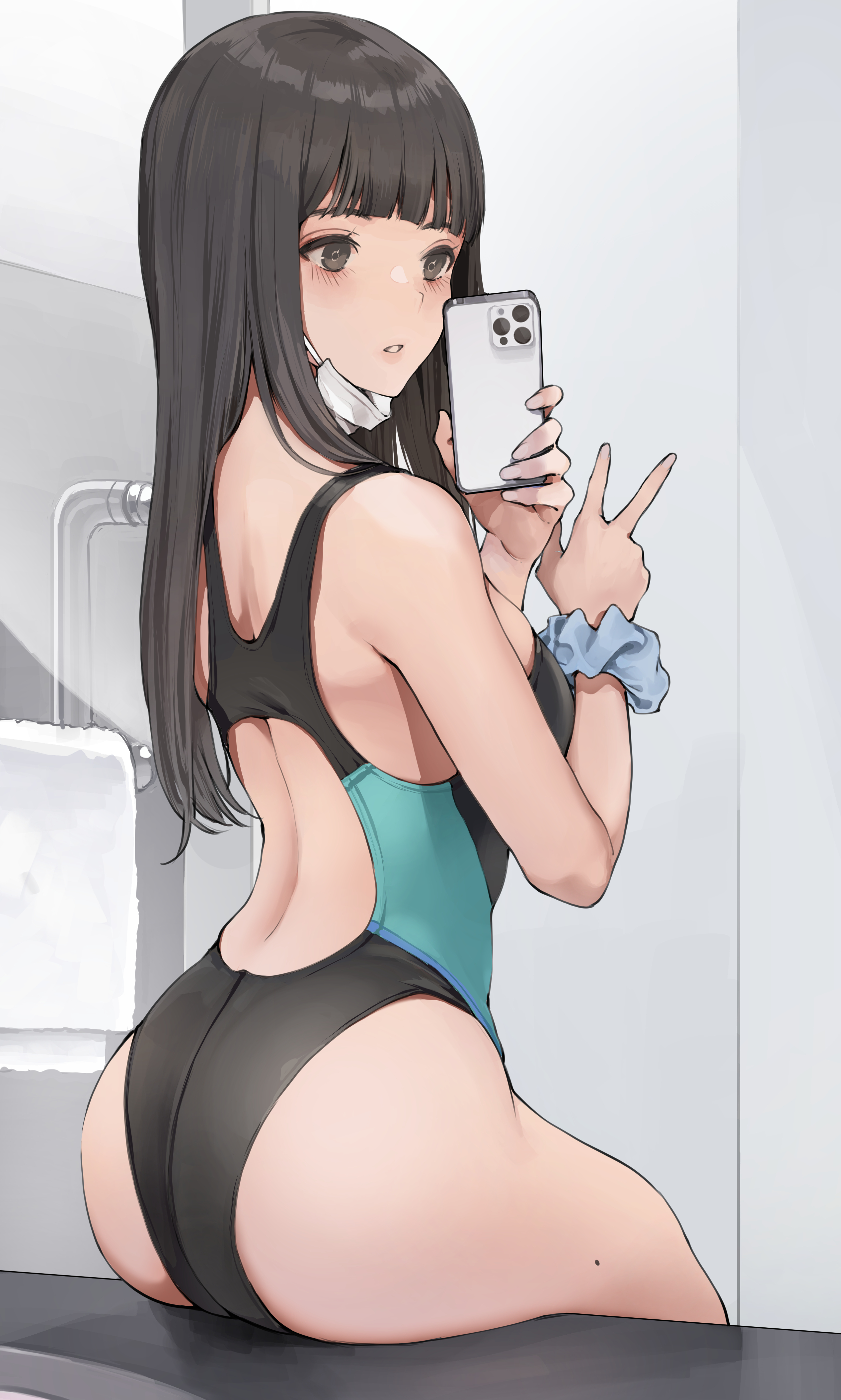 Anime 2534x4219 anime girls anime original characters selfies cellphone swimwear competition swimsuit ass 2D artwork drawing mask koh back sitting