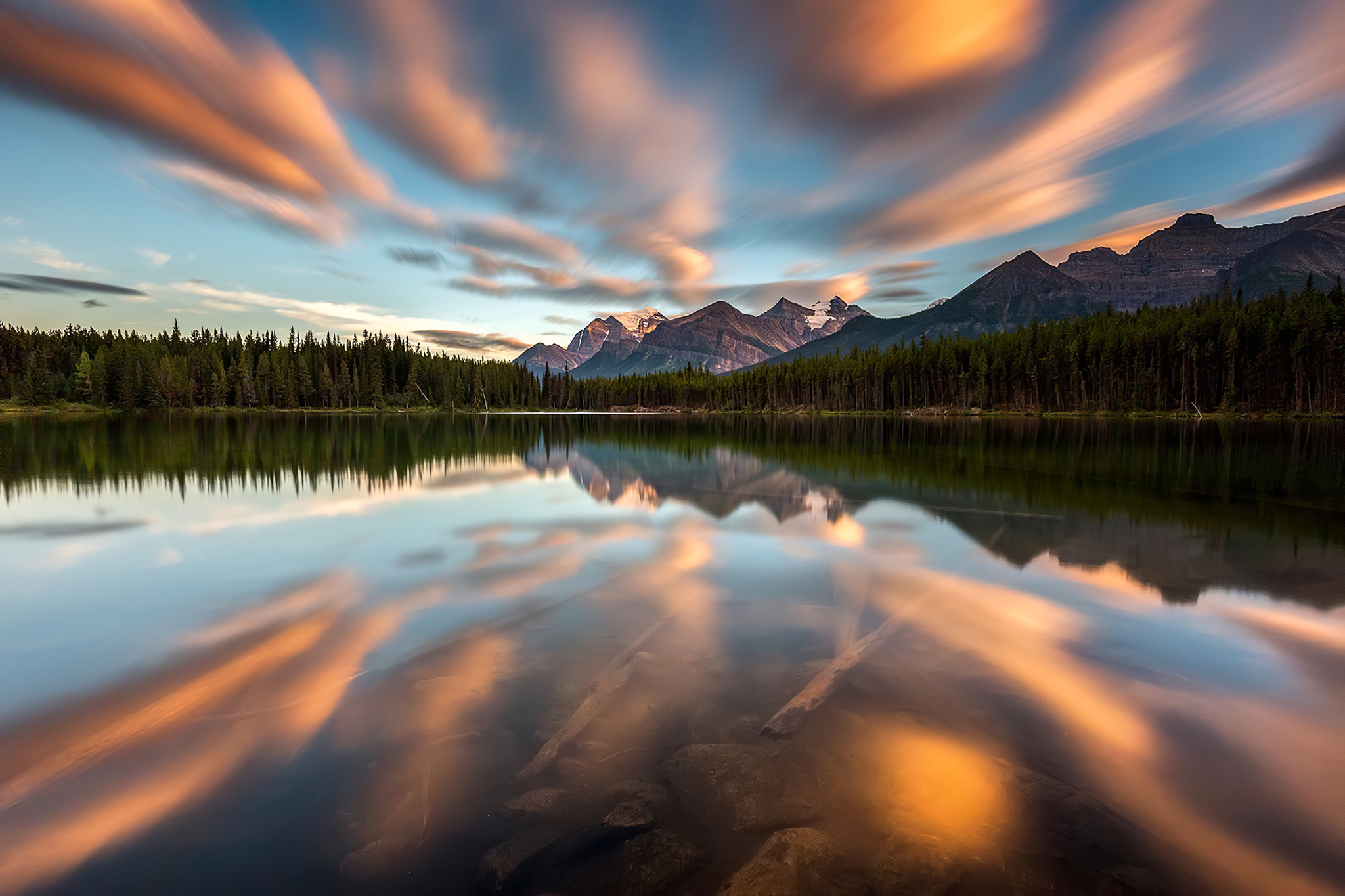 General 2048x1365 pine trees nature clouds sky lake landscape mountains reflection trees water Banff Banff National Park Alberta Canada