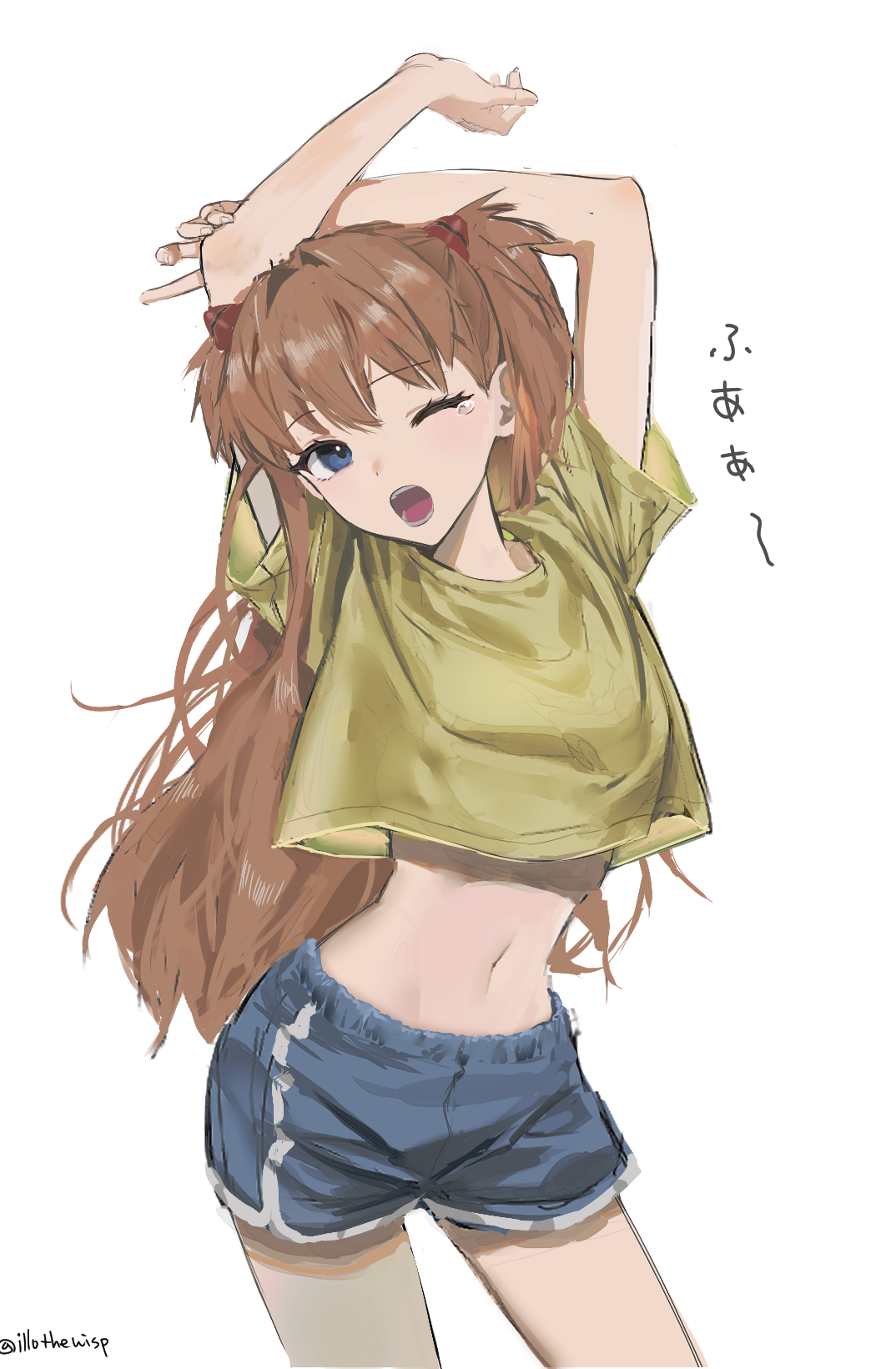 Anime 1074x1641 digital art artwork 2D anime anime girls ecchi looking at viewer belly belly button arms up shorts short shorts dolphin shorts portrait portrait display Neon Genesis Evangelion Asuka Langley Soryu