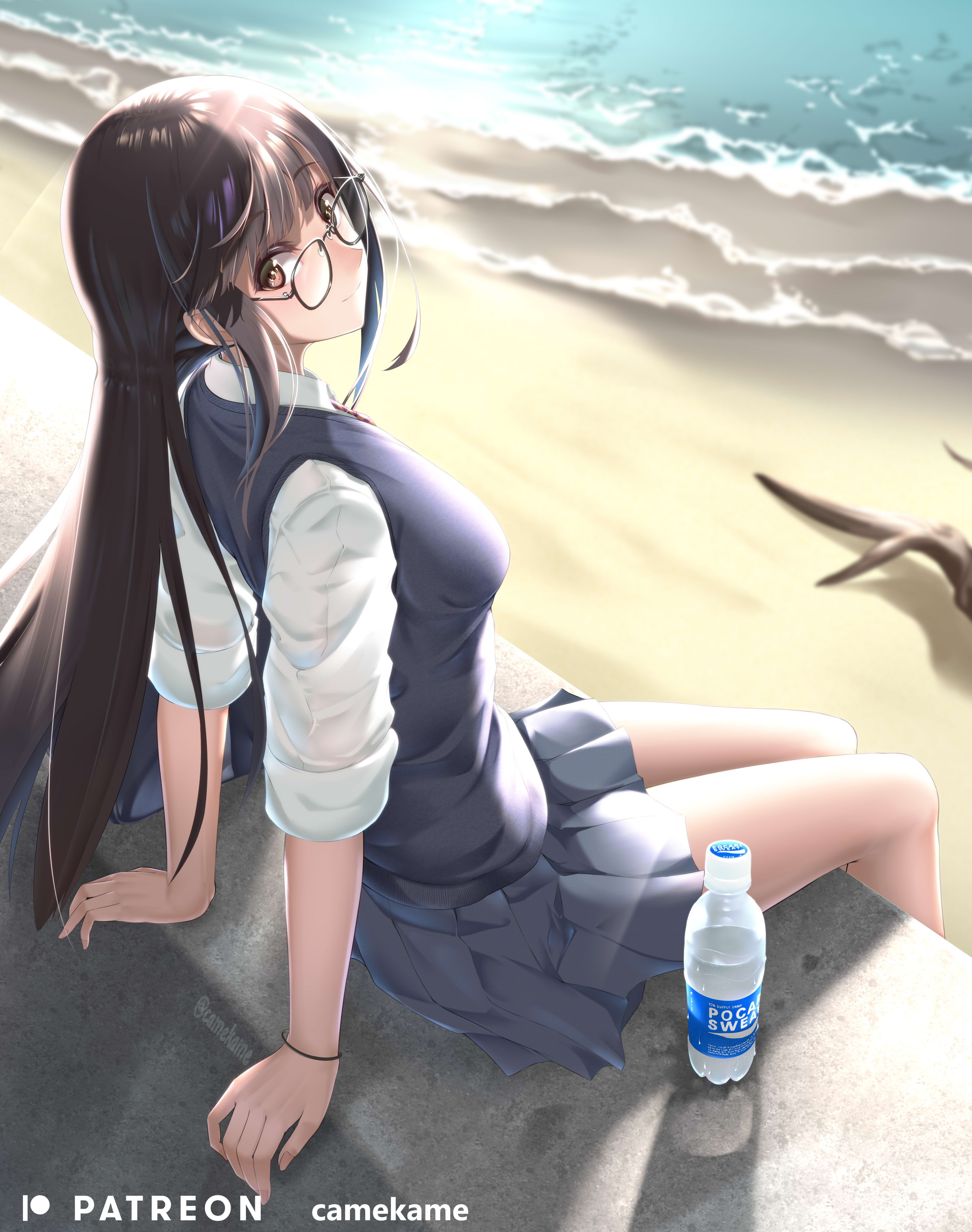 Anime 3367x4267 artwork anime girls beach school uniform schoolgirl glasses women with glasses long hair dark hair sitting cardigan Kamehito