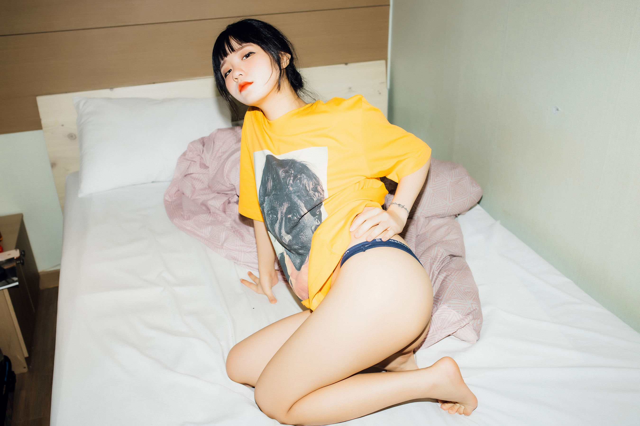 People 2700x1800 women model Asian Korean dark hair ass blue panties yellow t-shirt in bed feet women indoors T-shirt Jenny Jeong