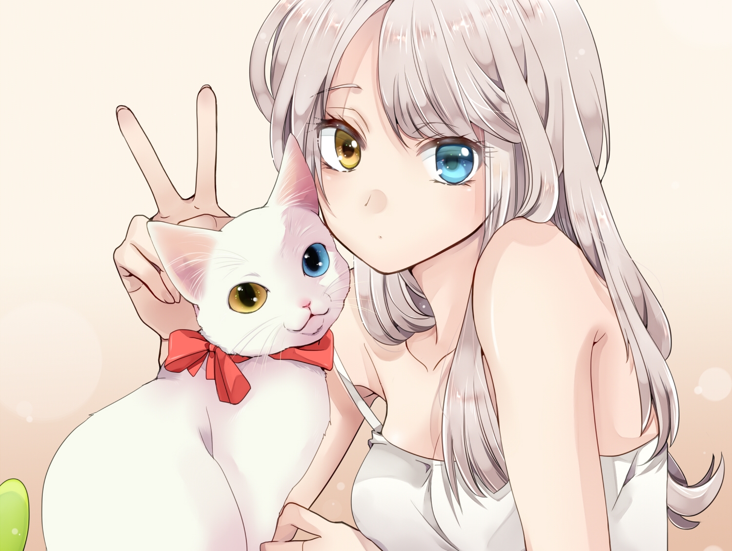 Anime 1500x1129 anime digital art anime girls cats heterochromia 2D peace sign bare shoulders