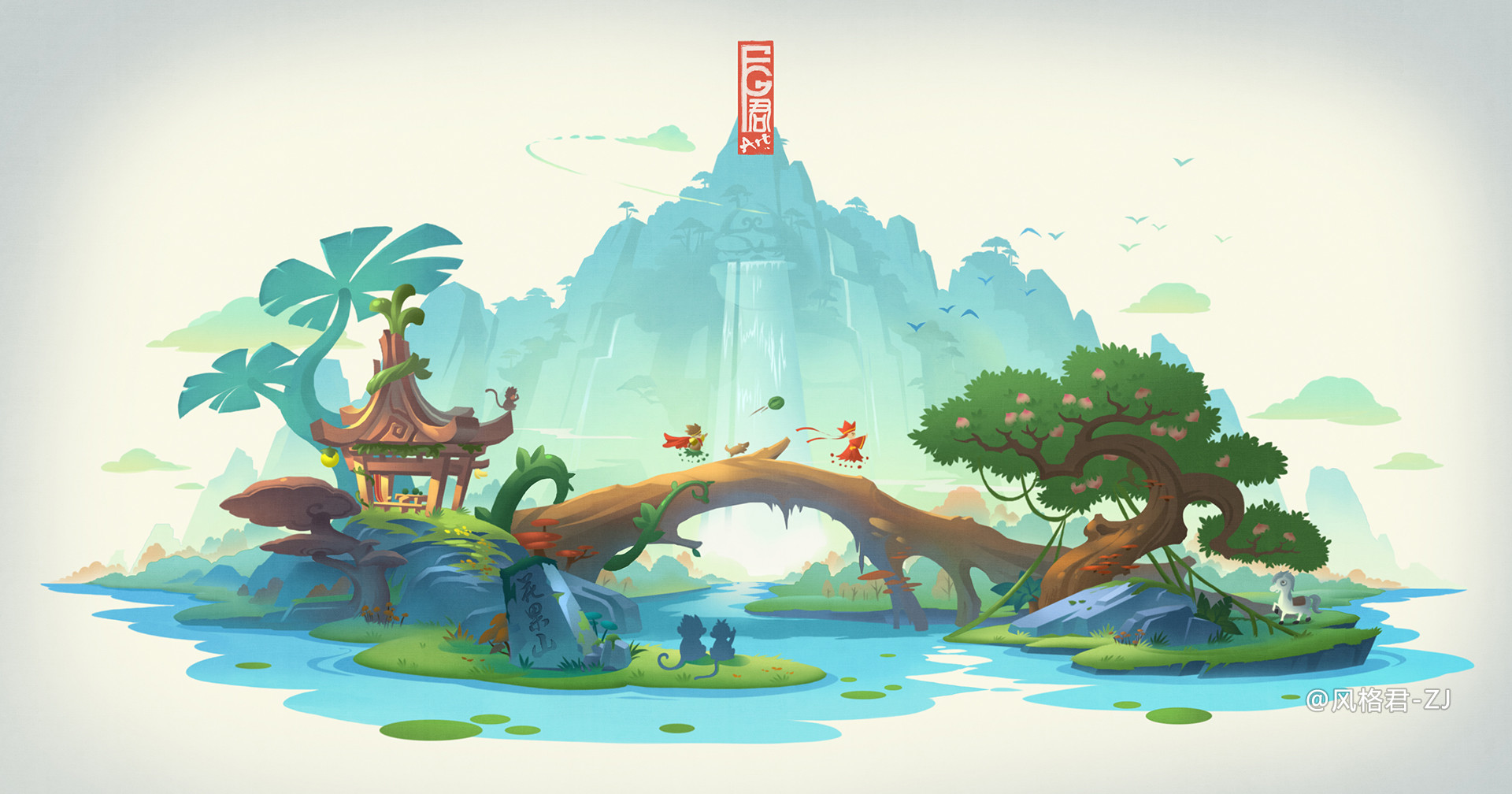 General 1920x1008 Jun Zhang Asian architecture white background waterfall river monkey horse mountains mushroom vines